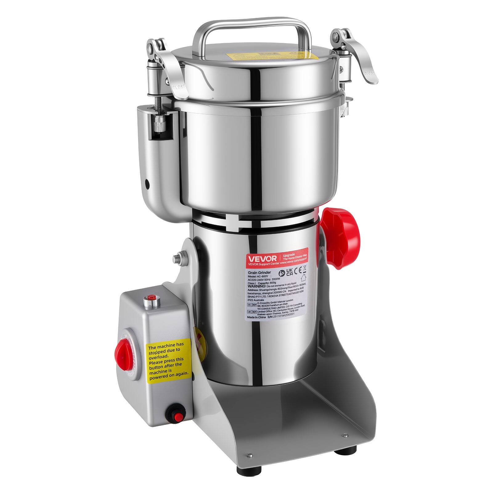 VEVOR Support Center Grain Grinder  
HC-800Y  
42220-24  
2000W  
Capacity: 300g  

WARNING: Address Shargdengs toosthangi, panghs SANCY a TROKEVA 200 tucata - c - 11  

time: Deu SN20  

The machine has stopped due to overload. Press this button after the machine is powered on again.