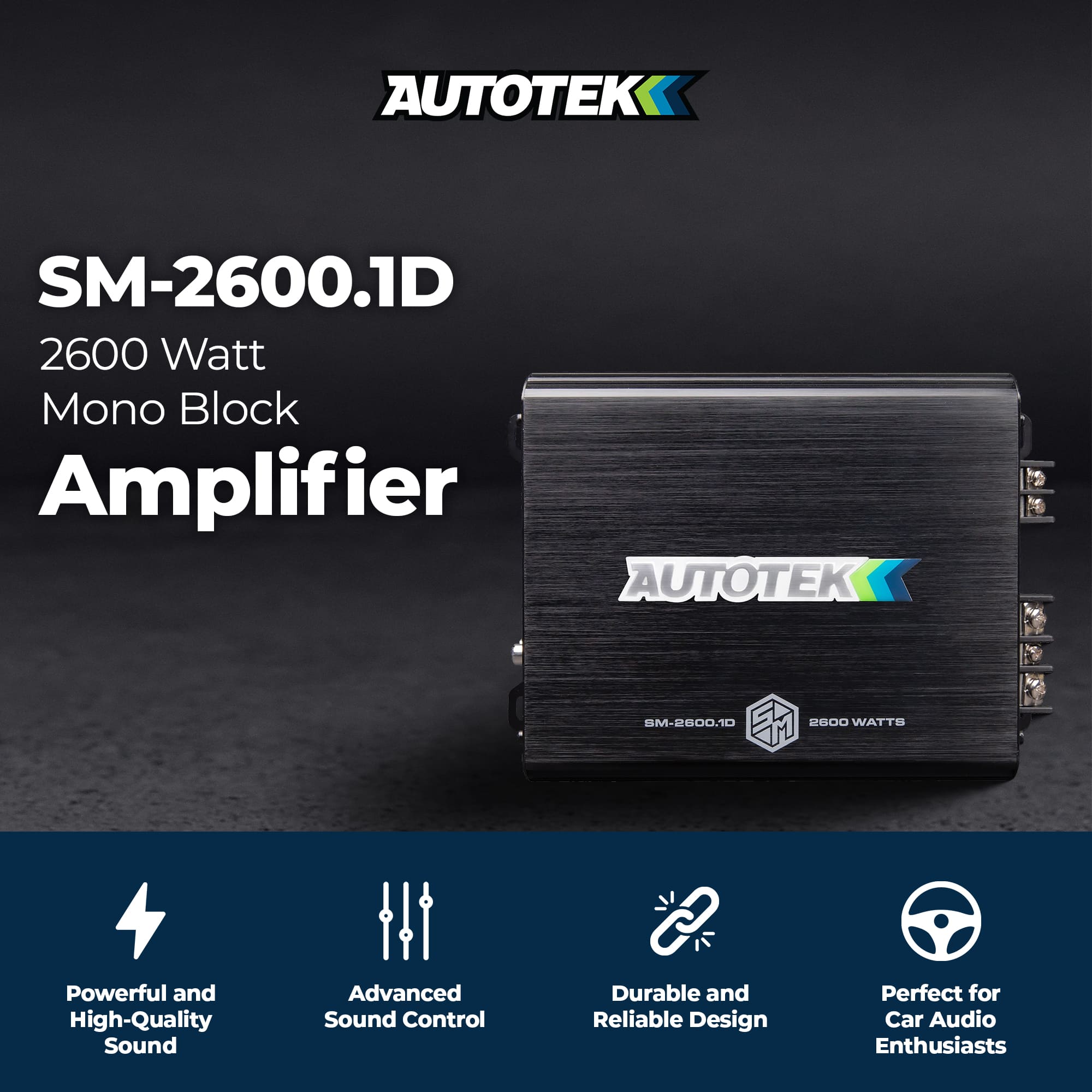 AutoTek Street Machine 2600W Monoblock Car Audio Amplifier, Bass