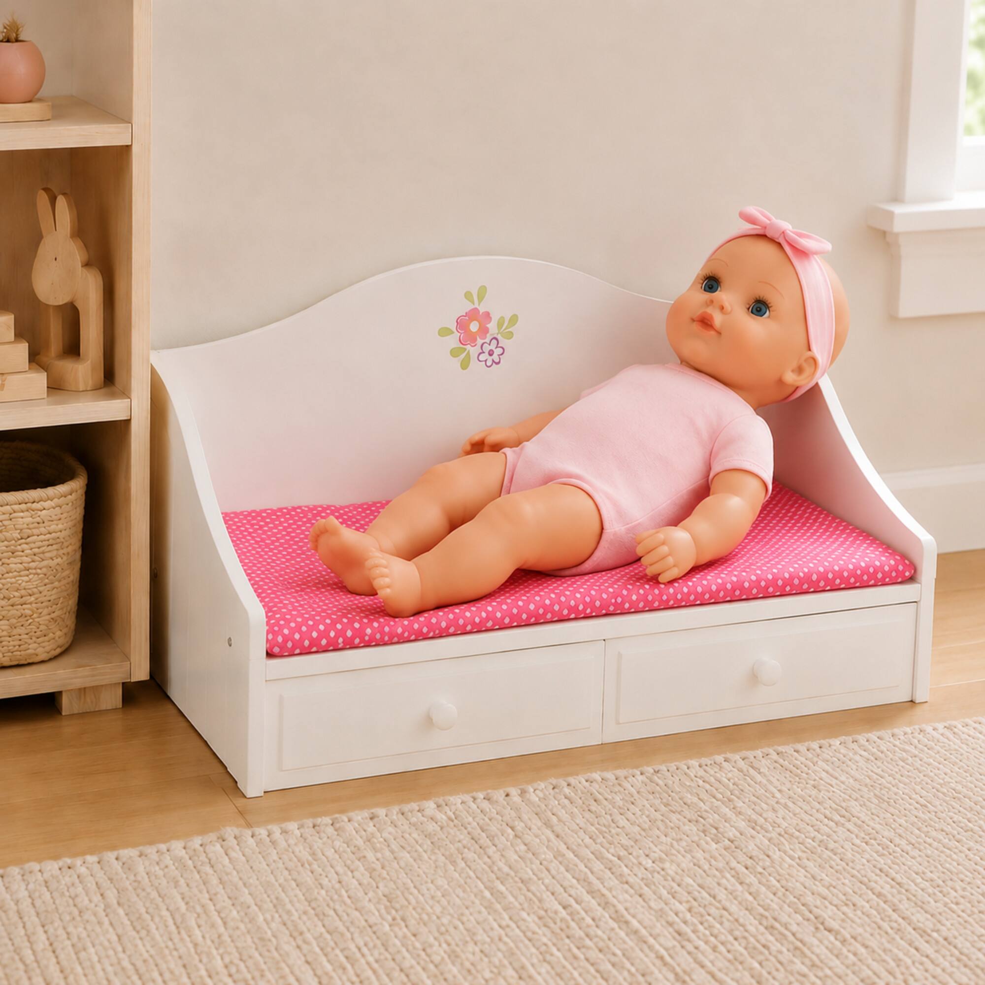 Alt View 2. Teamson Kids - Doll White Trundle Bed with Pink Bedding.