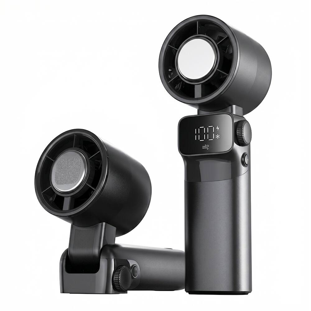 Front. COWIN - Foldable Portable Handheld Turbine Mini Fan 100 Speed Settings Type C Fast Charging LED Display - black.