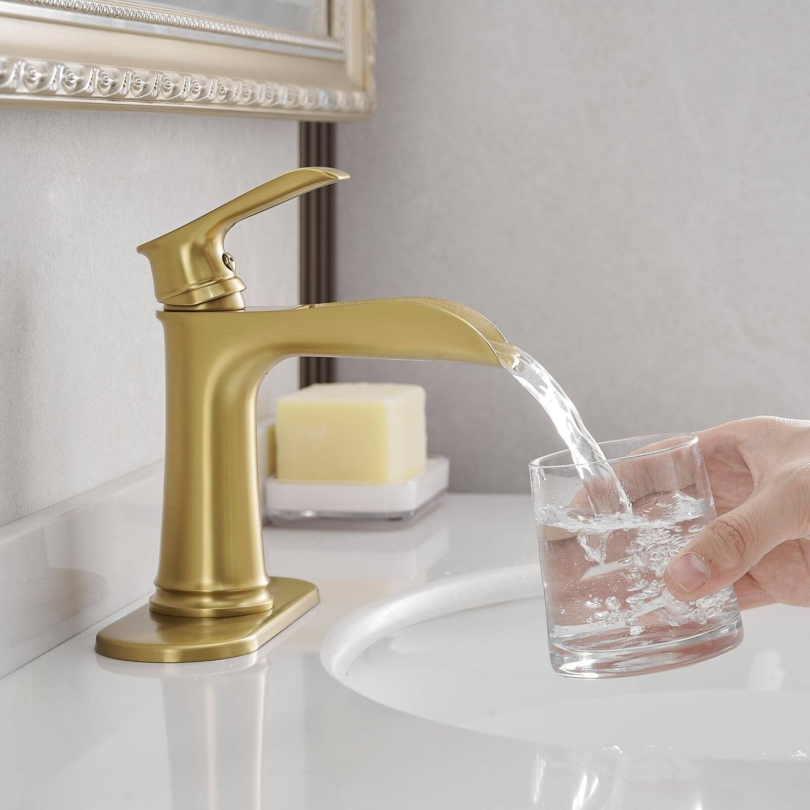 Alt View 2. Boyel Living - Single Handle Single Hole Bathroom Faucet Brushed Gold with Deck Plate Pop Up Drain and Water Supply Hoses - Brushed Gold.