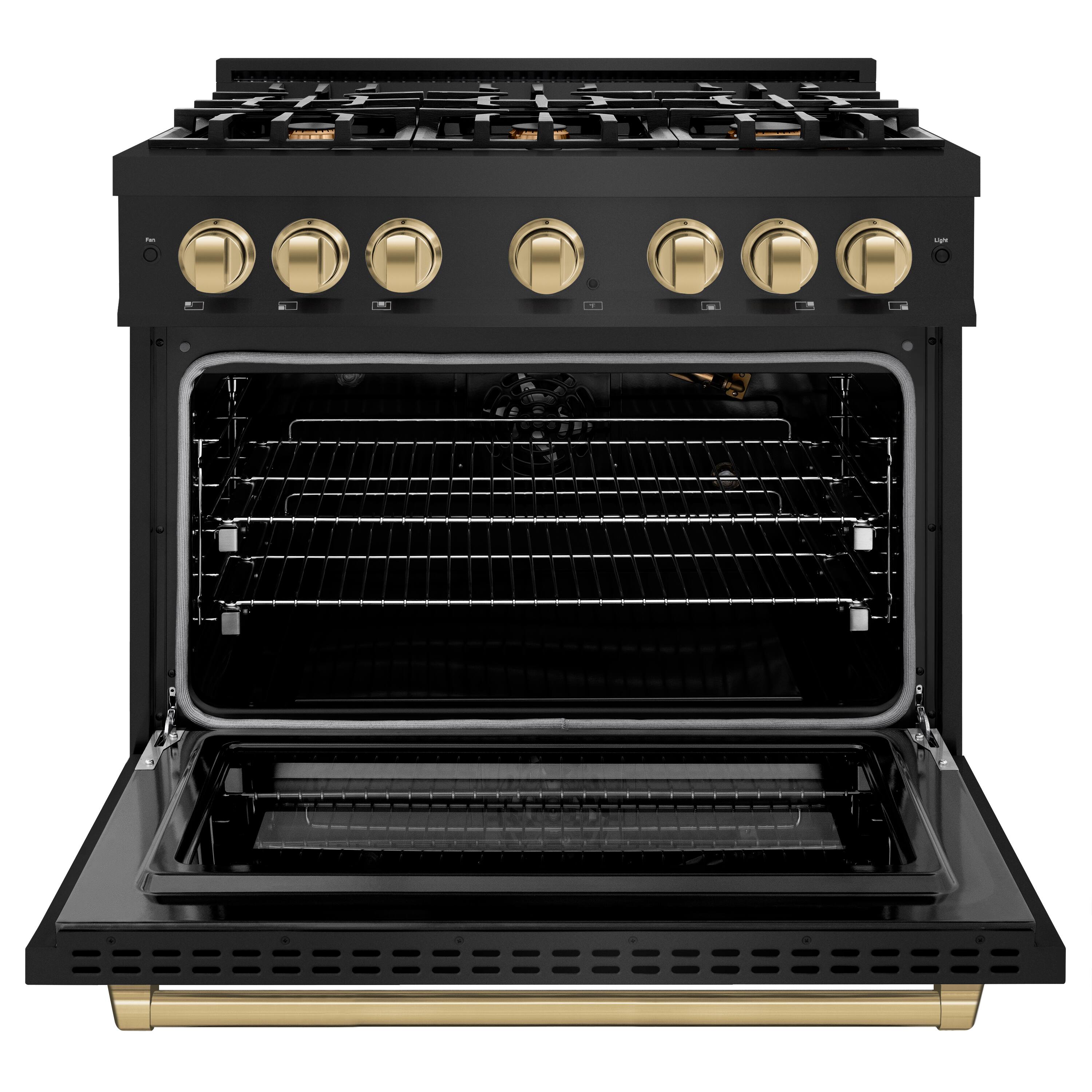 Left. ZLINE - ZLINE Autograph 36 in. 5.2 cu. ft. Freestanding Select Black Stainless Gas Range w/ 6 Burners & Bronze Accents - Black Stainless Steel.