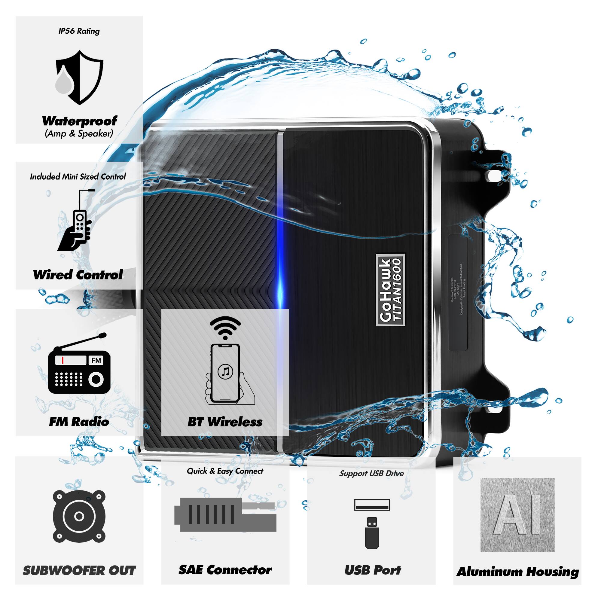 - IP56 Rating
- Waterproof (Amp & Speaker)
- Included Mini Sized Control
- Wired Control
- FM Radio
- BT Wireless
- Quick & Easy Connect
- Support USB Drive
- SUBWOOFER OUT
- SAE Connector
- USB Port
- Aluminum Housing