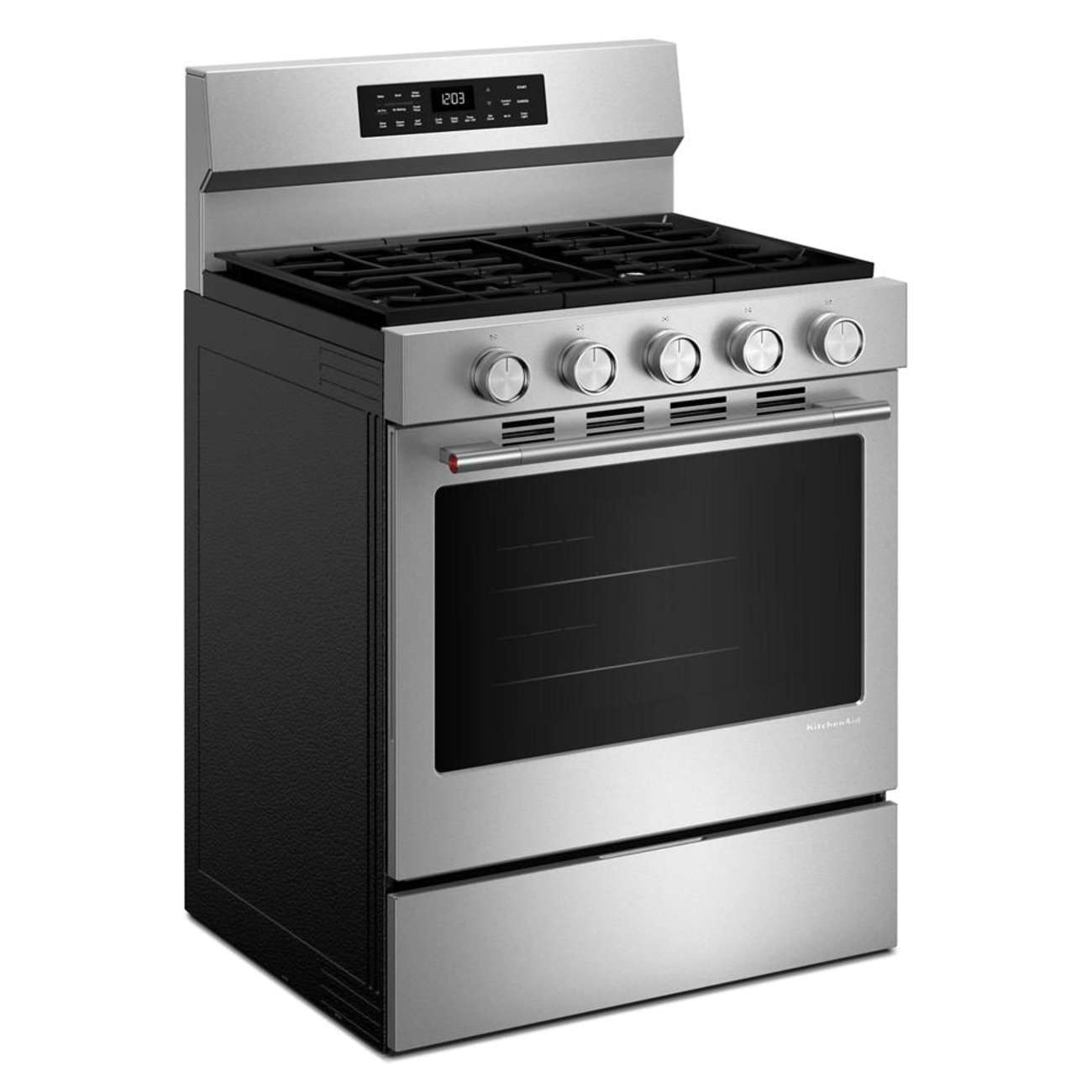 Angle. KitchenAid - 30 in. Wide 5 burners 5.0 cu. ft. Smart Freestanding Gas Range with Convection Cooking Modes - PrintShield Stainless Finish.