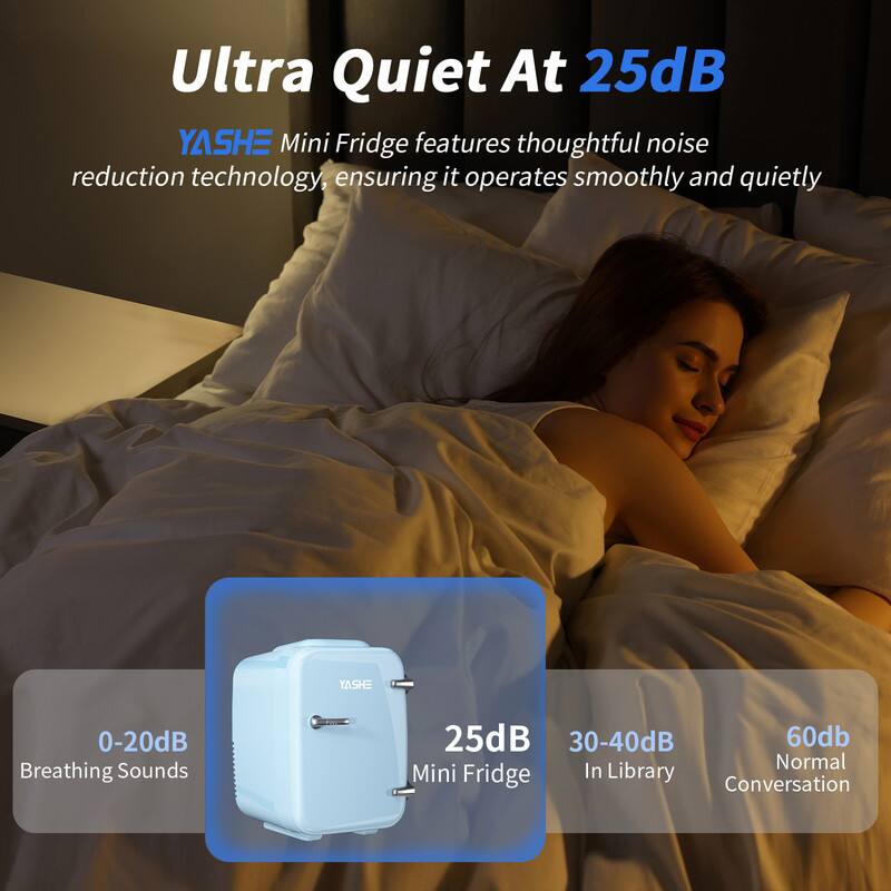 Ultra Quiet At 25dB

YASHE Mini Fridge features thoughtful noise reduction technology, ensuring it operates smoothly and quietly.

0-20dB Breathing Sounds  
25dB Mini Fridge  
30-40dB In Library  
60dB Normal Conversation