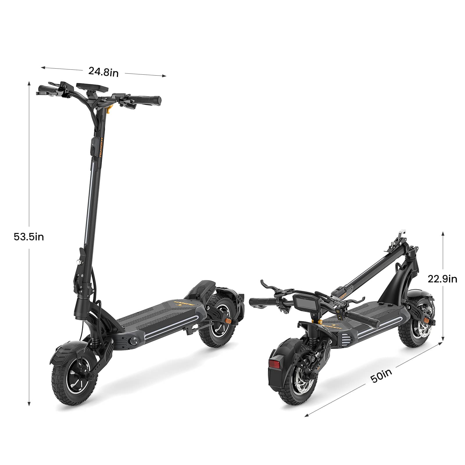 The image shows two scooters, with one being a regular scooter and the other being a foldable scooter. The regular scooter is 24.8 inches tall, while the foldable scooter is 53.5 inches tall. The regular scooter is also 22.9 inches wide, and the foldable scooter is 50 inches wide.