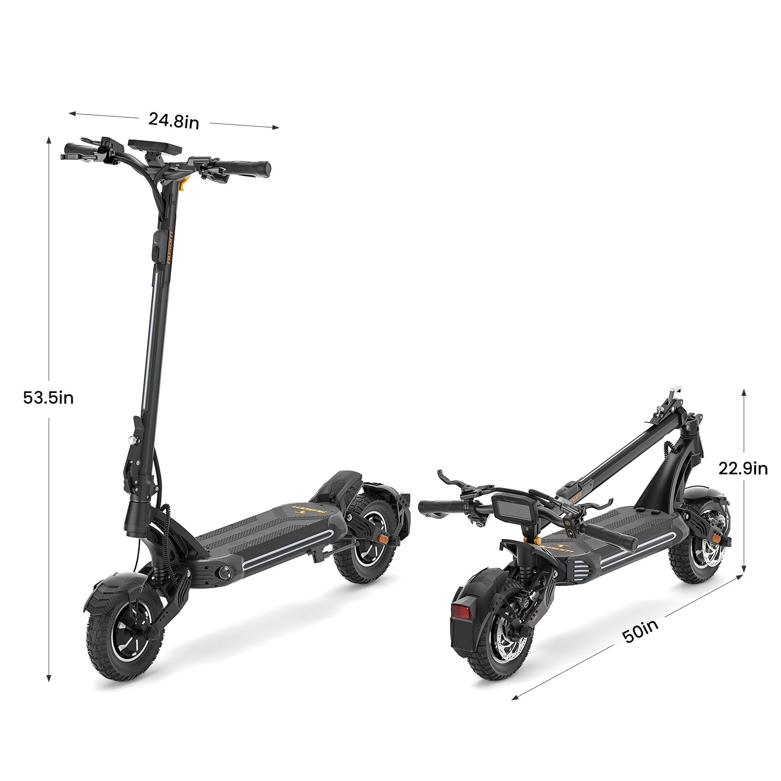The image shows two scooters, with one being a regular scooter and the other being a foldable scooter. The regular scooter is 24.8 inches tall, while the foldable scooter is 53.5 inches tall. The regular scooter is also 22.9 inches wide, and the foldable scooter is 50 inches wide.