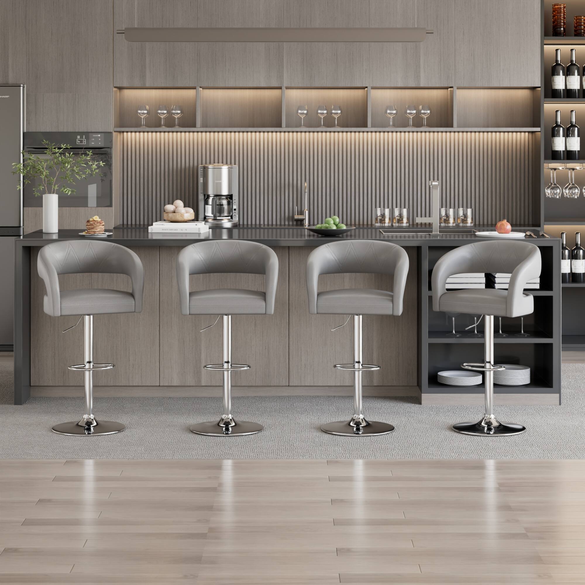 Left. Vecelo - Set of 2 PU Leather  Bar Stools with Adjustable Height ,360° Rotation, 330lb Capacity for Kitchen Island & Cafe - Light Grey.