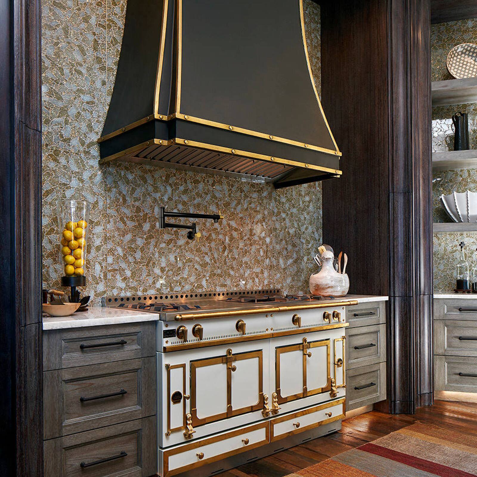 Alt View 5. Akicon - Akicon Solid Brass Wall-Mounted Pot Filler Kitchen Faucet with Two Joint Swing Arms in Matte Black & Brushed Gold - Matte Black & Brushed Gold.