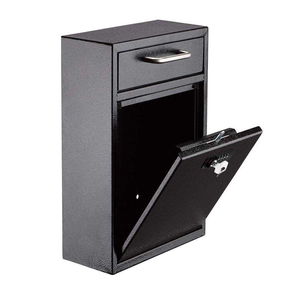 Left. AdirOffice - Drop Box Large Steel Wall-Mounted Drop Box Mailbox with Combination Lock - Black.