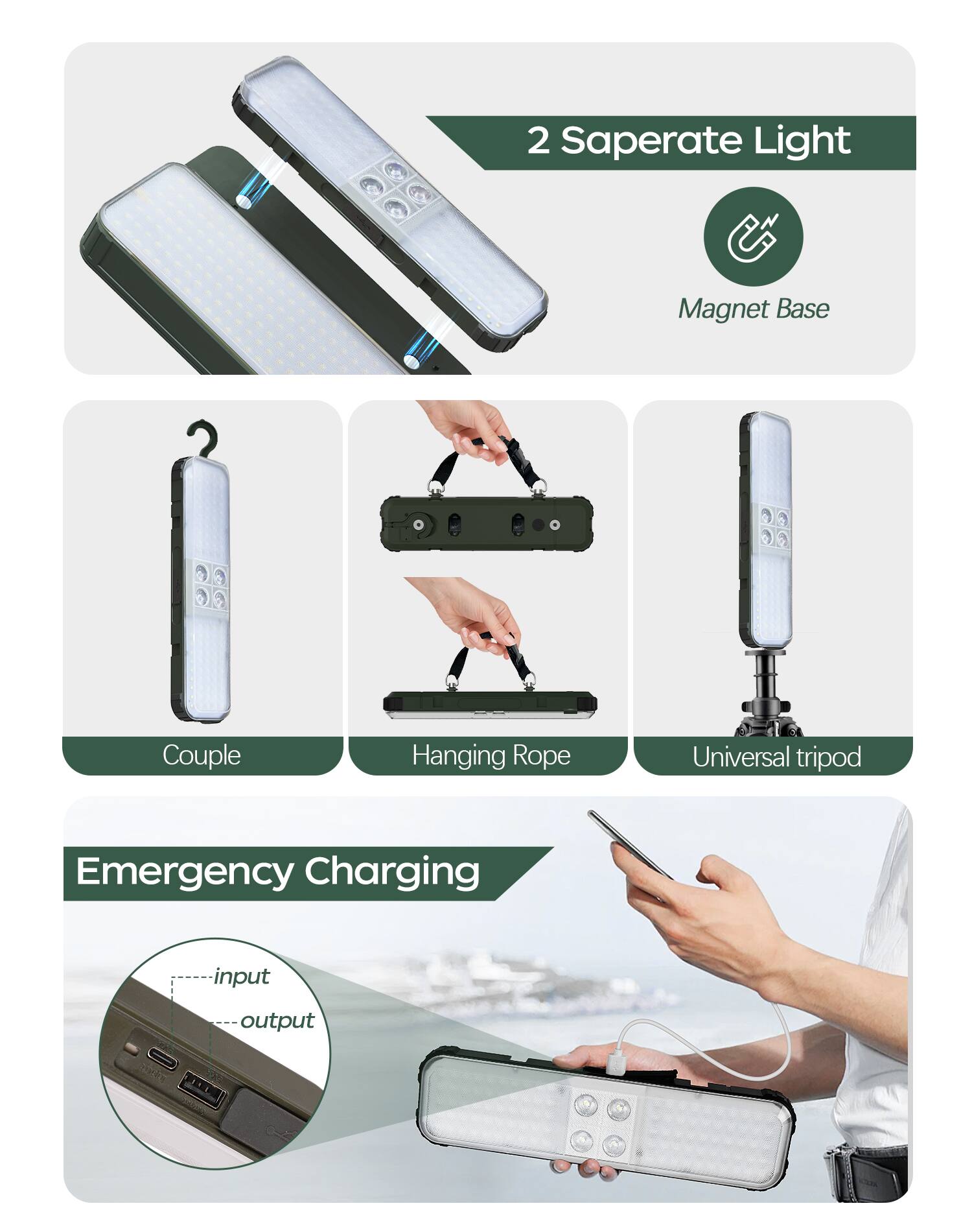 2 Separate Light  
Magnet Base  
Couple  
Hanging Rope  
Universal tripod  

Emergency Charging  
Input  
Output