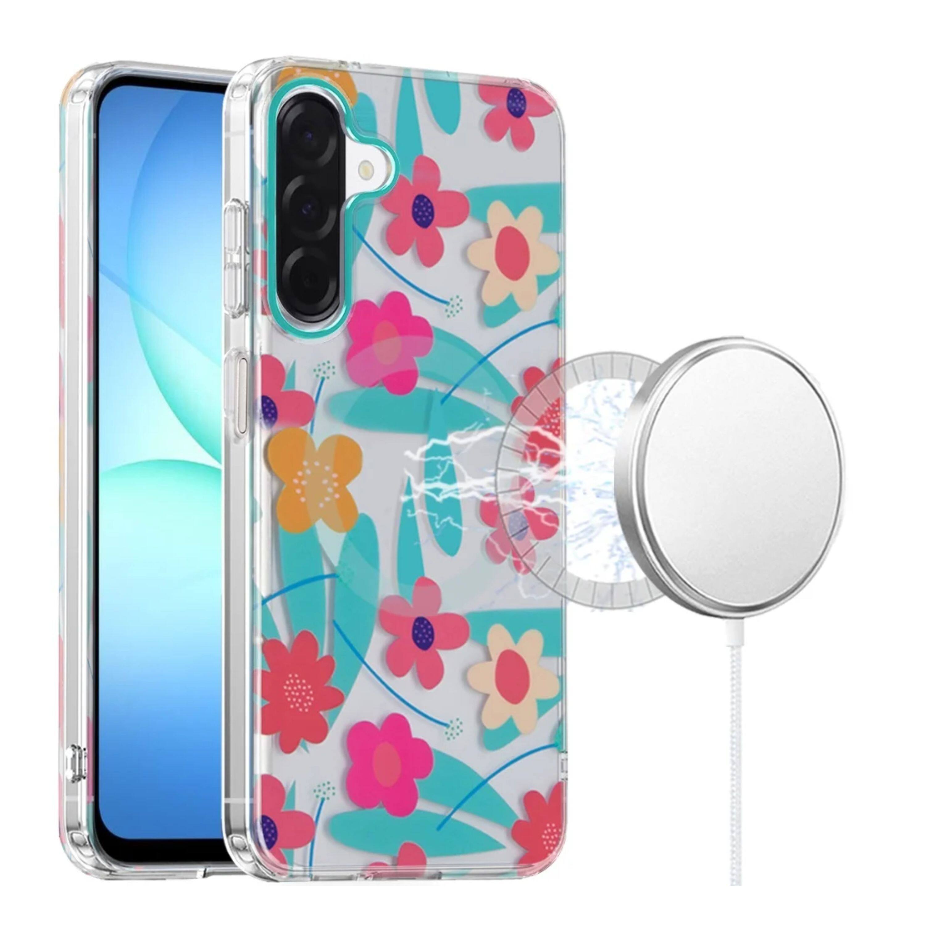 Angle. Kitcheniva - IMD Dual Layer Magnetic Circle Cover Phone Case With Tempered Glass For Samsung Galaxy A17 5G Pastel Floral Blue - Pastel Floral Blue.