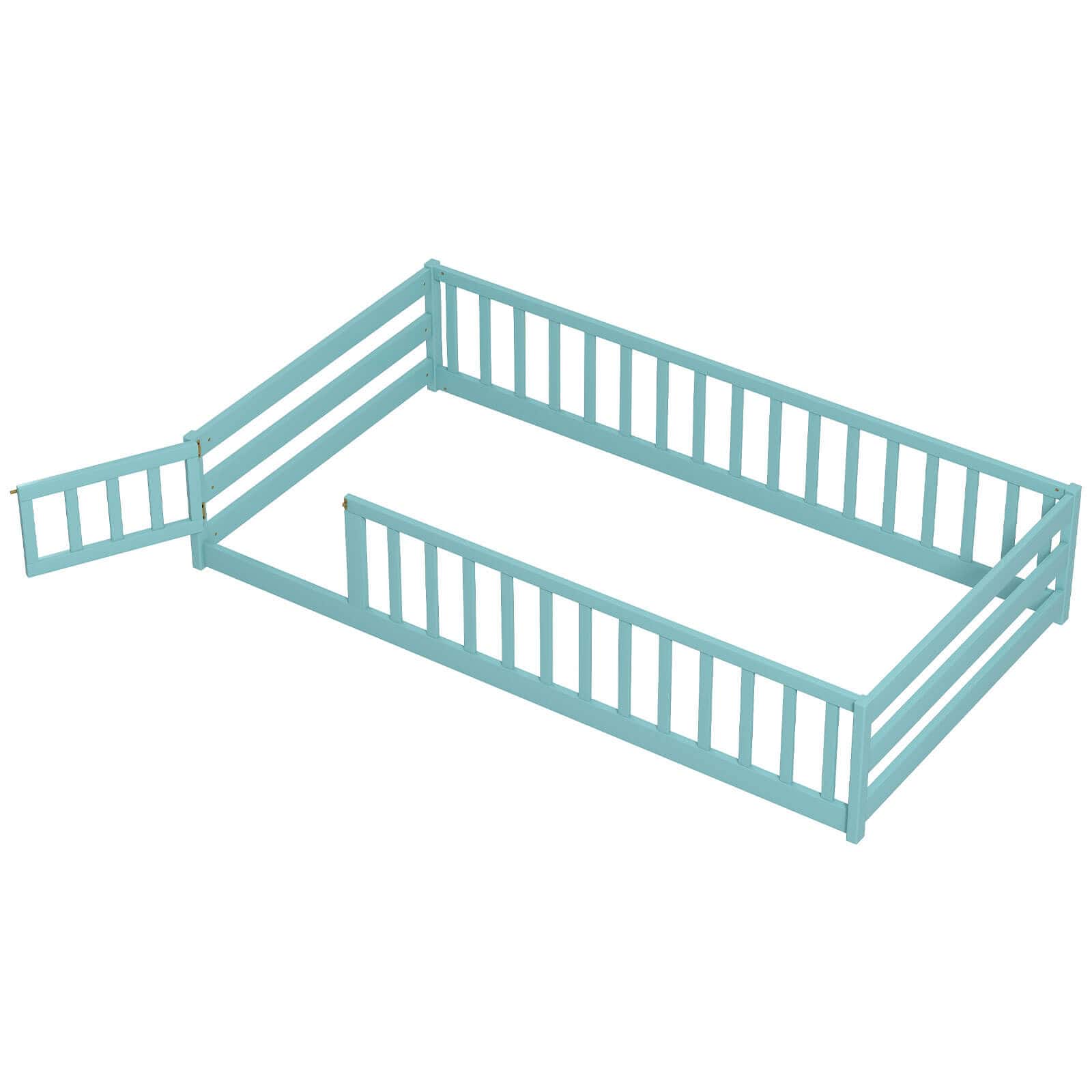 Costway - Twin Size Wooden Floor Bed with Full Length Safety Guardrails Door & Latch - Icy Aqua price history on PriceWatchPro