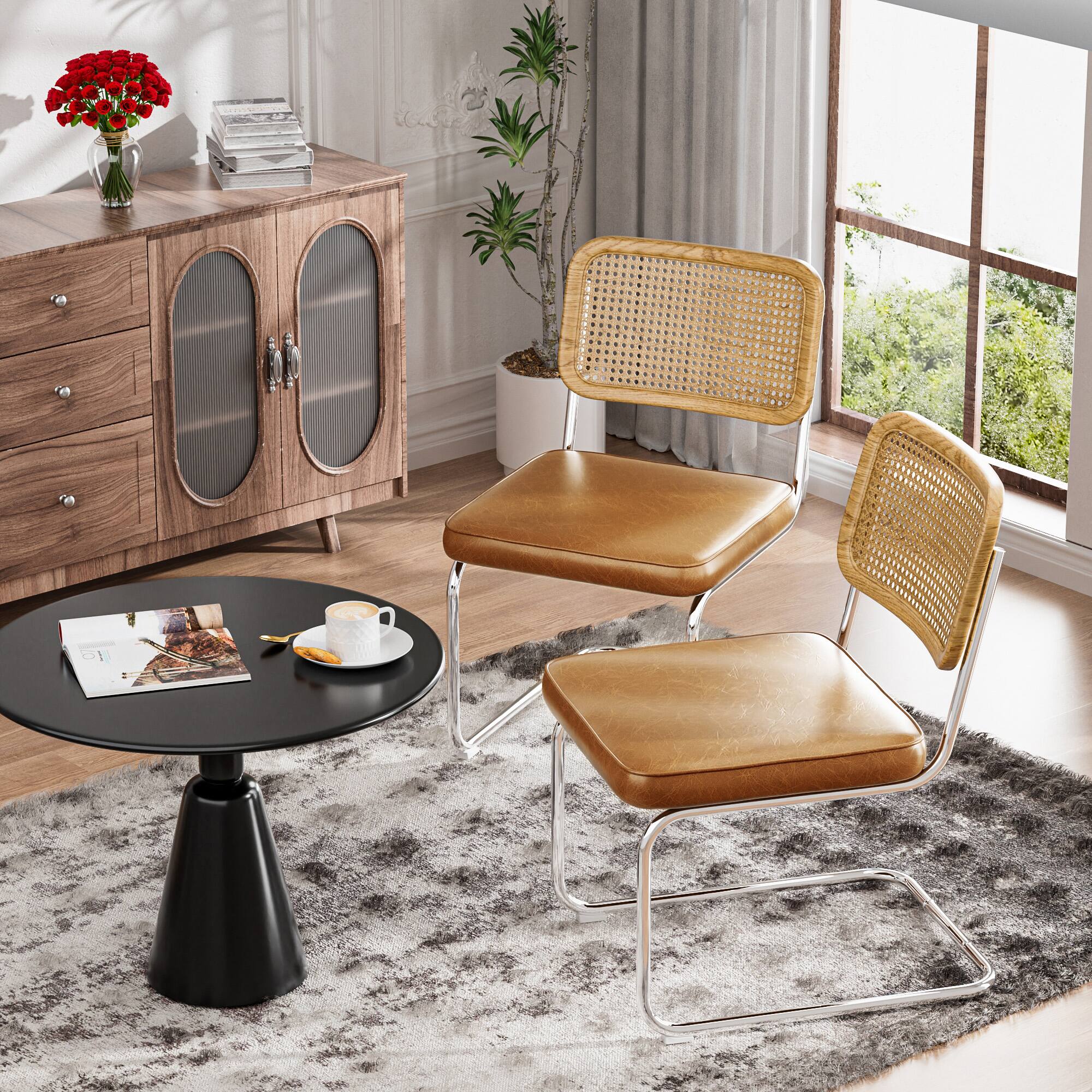 Alt View 5. KERDOM - 2 Pcs Natural Rattan Dining Chairs, PU Leather Kitchen Chairs, Cane Mesh Back, Patio Coffee Corner Chair With Foot Pads - Brown.