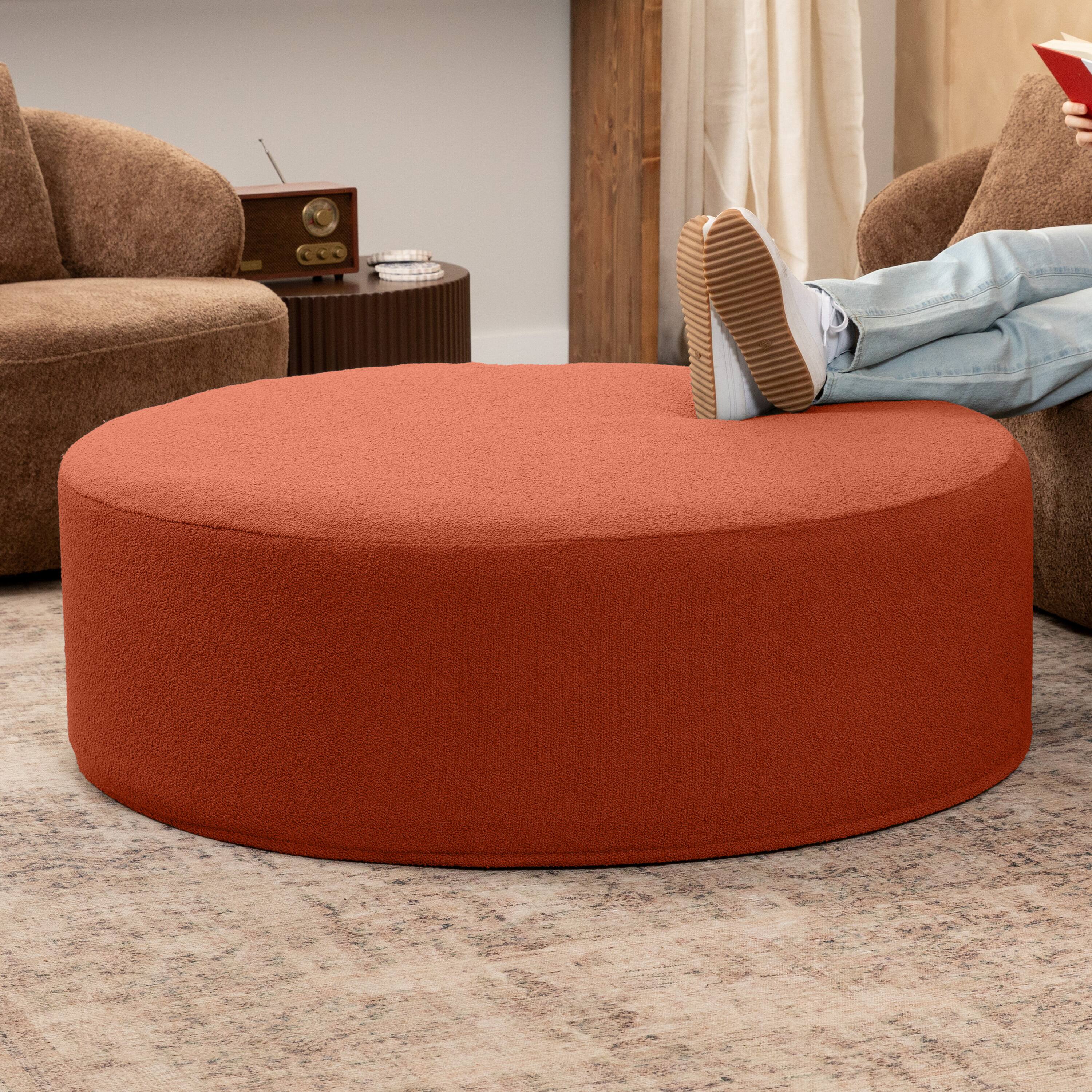 Angle. Jaxx - Jaxx Candler Round Couch Oversized Giant Coffee Table Ottoman 44”, Boucle Terra Cotta - Boucle Terra Cotta.