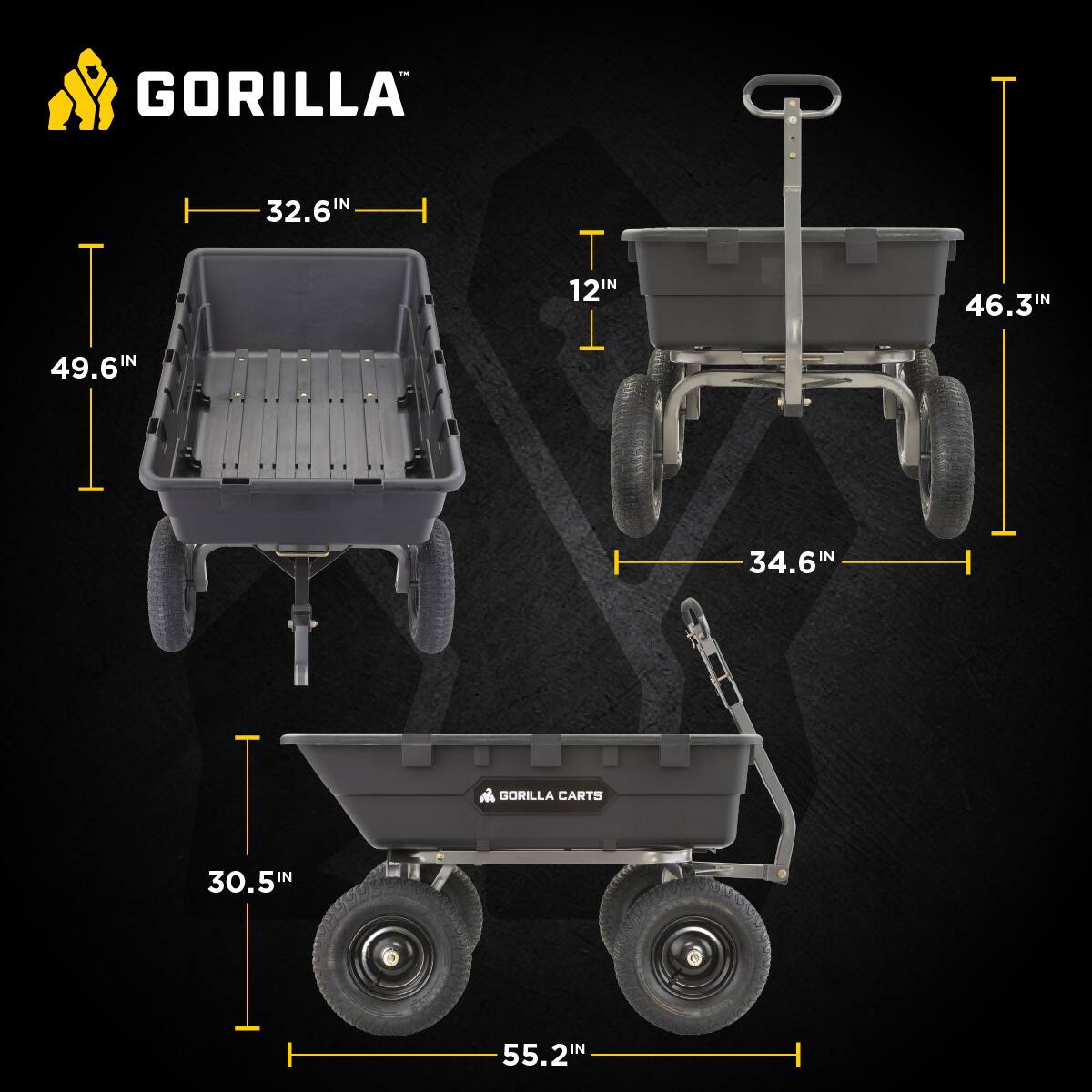 GORILLA  
49.6IN x 32.6IN  
12IN x 46.3IN  
GORILLA CARTS  
30.5IN x 55.2IN