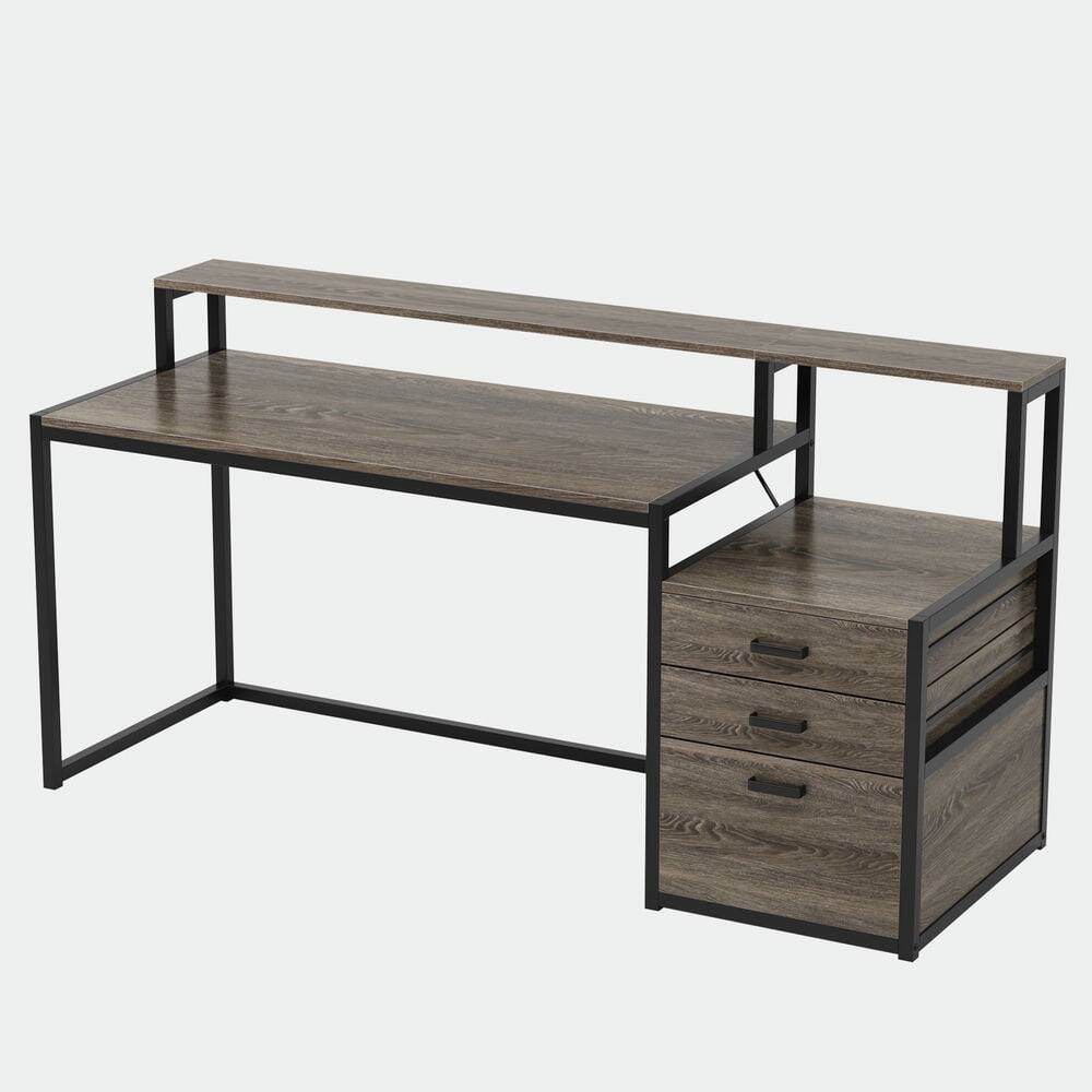 Left. Resenkos - Kadyn Study Writing Desk, Computer Desk,63" Computer Desk, Ergonomic Office Desk with Drawers & Monitor Stand,Grey - Gray.