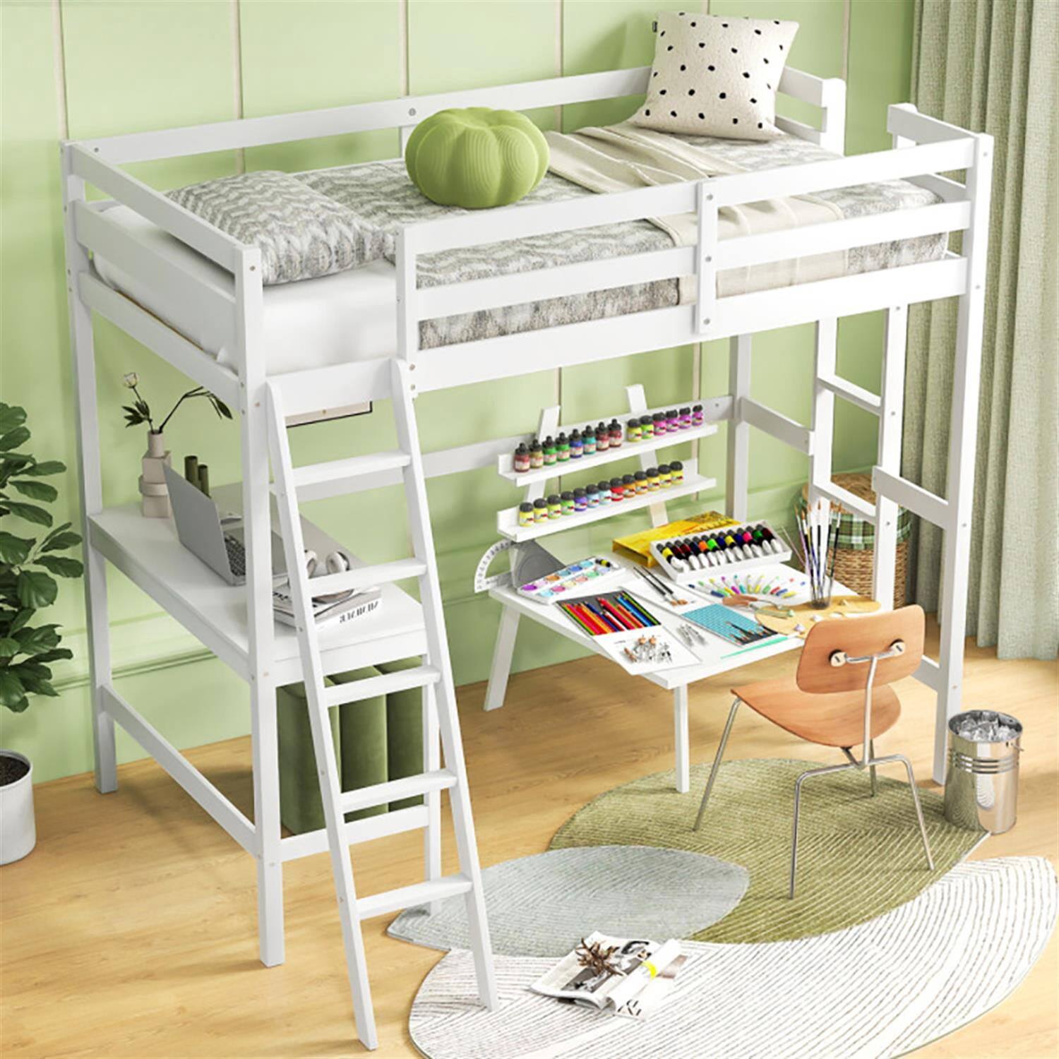 Alt View 2. Pefilos - Loft Bed Twin Size, Solid Wood Loft Bed with Desk Angled and Built-in Ladder, Modern Wooden Playhouse Bed Frame, White - White.