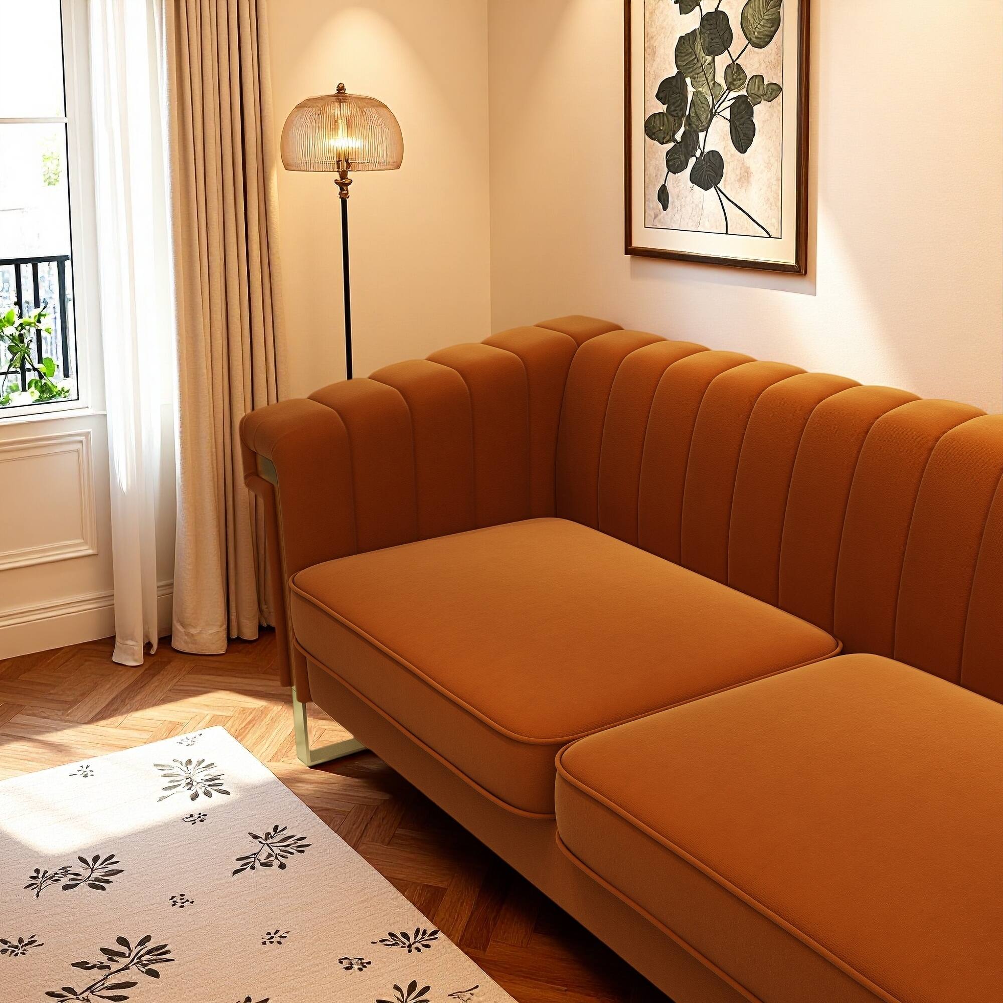 Alt View 1. Anysun - Modern 3-Seat Cream Velvet Sofa with Gold Accents - Channel-Tufted for Living Room & Office. - Orange.