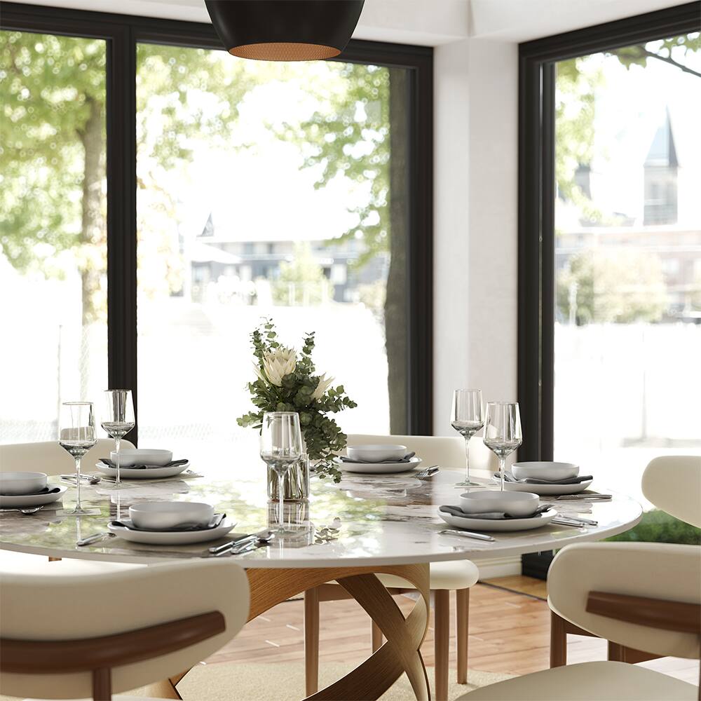 Back. POVISON - 51" Modern Gold Round Dining Table for 4, Pandora Glossy Sintered Stone Tabletop with Bronze X Carbon Steel Base - Pandora Glossy Sintered Stone with Bronze.