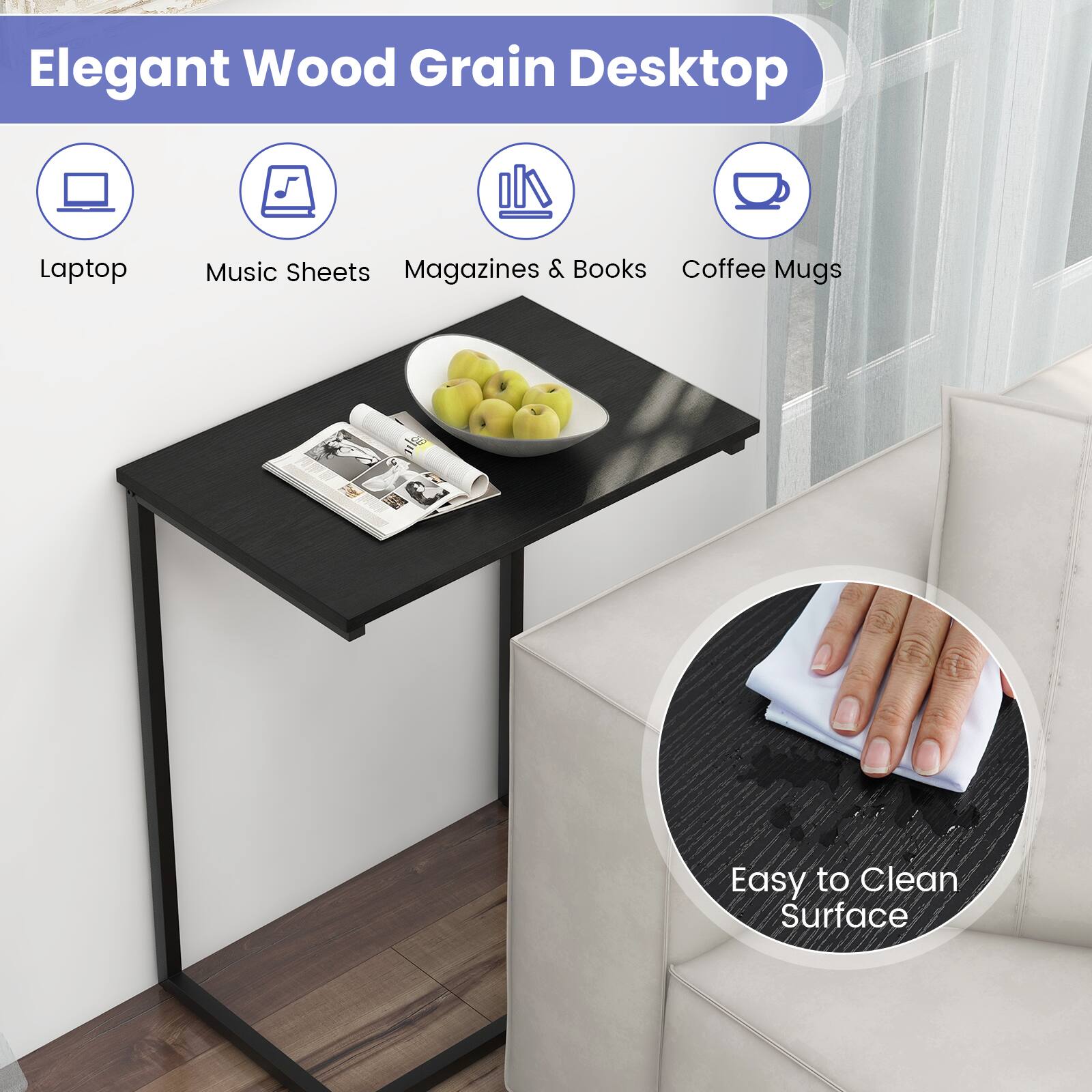 Elegant Wood Grain Desktop

- Laptop
- Music Sheets
- Magazines & Books
- Coffee Mugs

Easy to Clean Surface