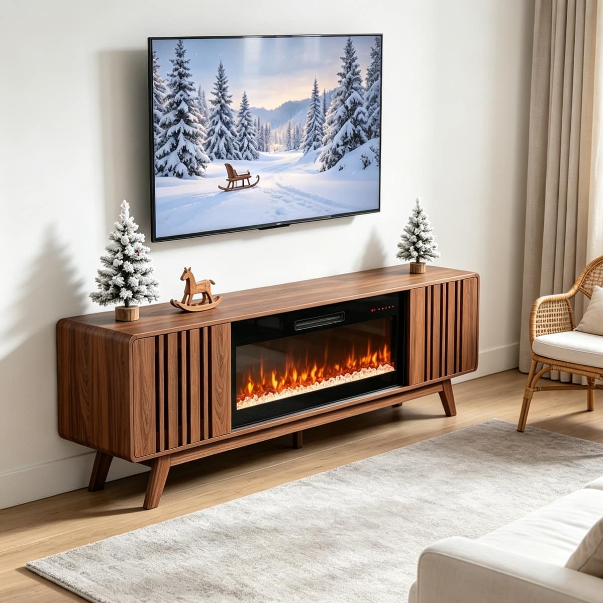 Loheer - 78 inch electric fireplace tv stand for 85 inch tv - Walnut