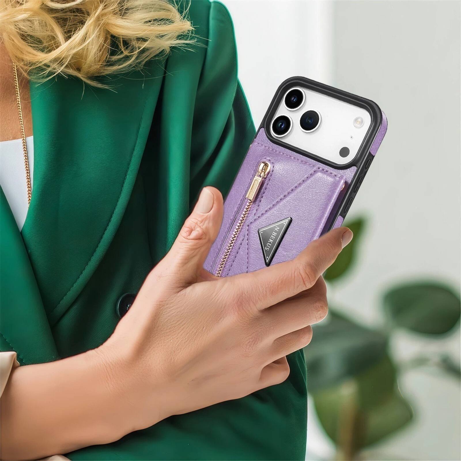 Alt View 1. UUCOVER - Wallet Case for Apple iPhone 17 Pro with Card Slots Holder, Zipper Pocket and Shoulder Strap, Flip Kickstand Phone Cover - Purple.