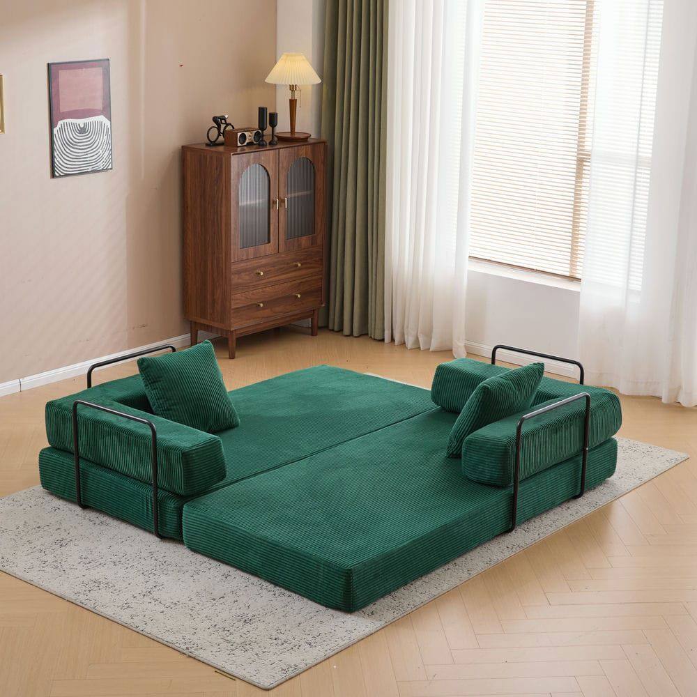 Back. Kadyn - Floor Couch Bed, Convertible Corduroy Fabric Sofa with Pillow Back Support, Compression Lounge Sleeper, Dark Green - Green.