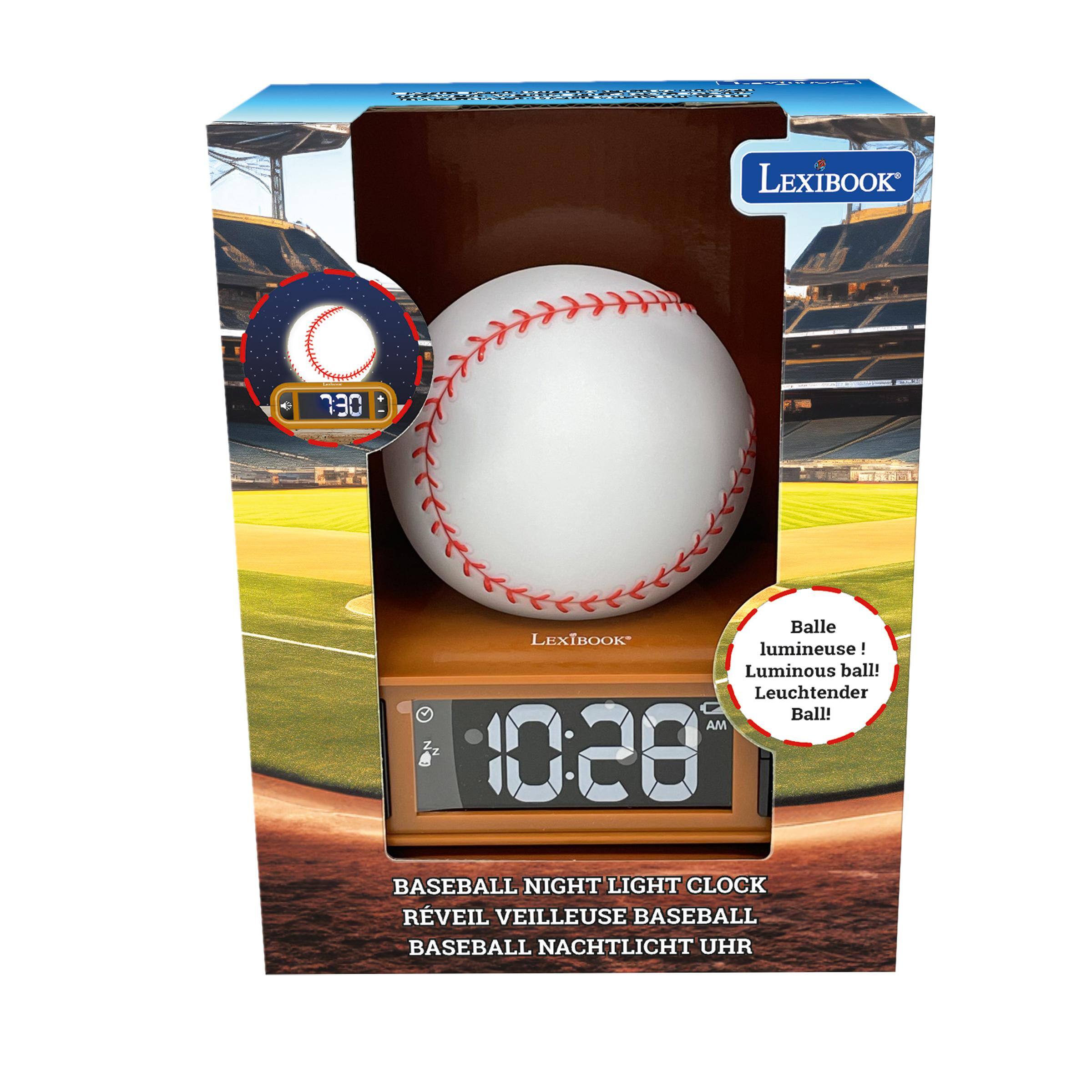 Tottting  
LEXIBOOK  
130  
Balle LEXIBOOK lumineuse! Luminous ball! Leuchtender Ball! AM 1028  
BASEBALL NIGHT LIGHT CLOCK RVEIL VEILLEUSE BASEBALL BASEBALL NACHTLICHT UHR