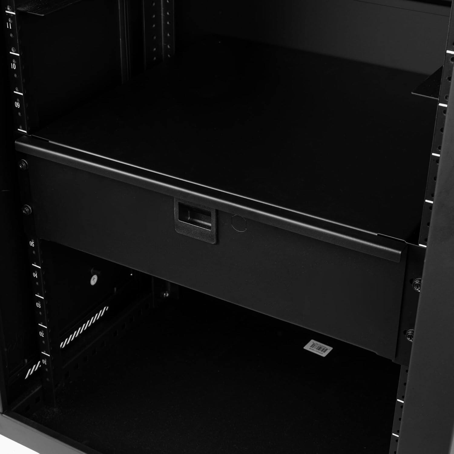 Left. Gator - 3U Lockable Rack Drawer with 14.2-Inch Depth, 16-Gauge Steel Construction and Rear Cable Access.