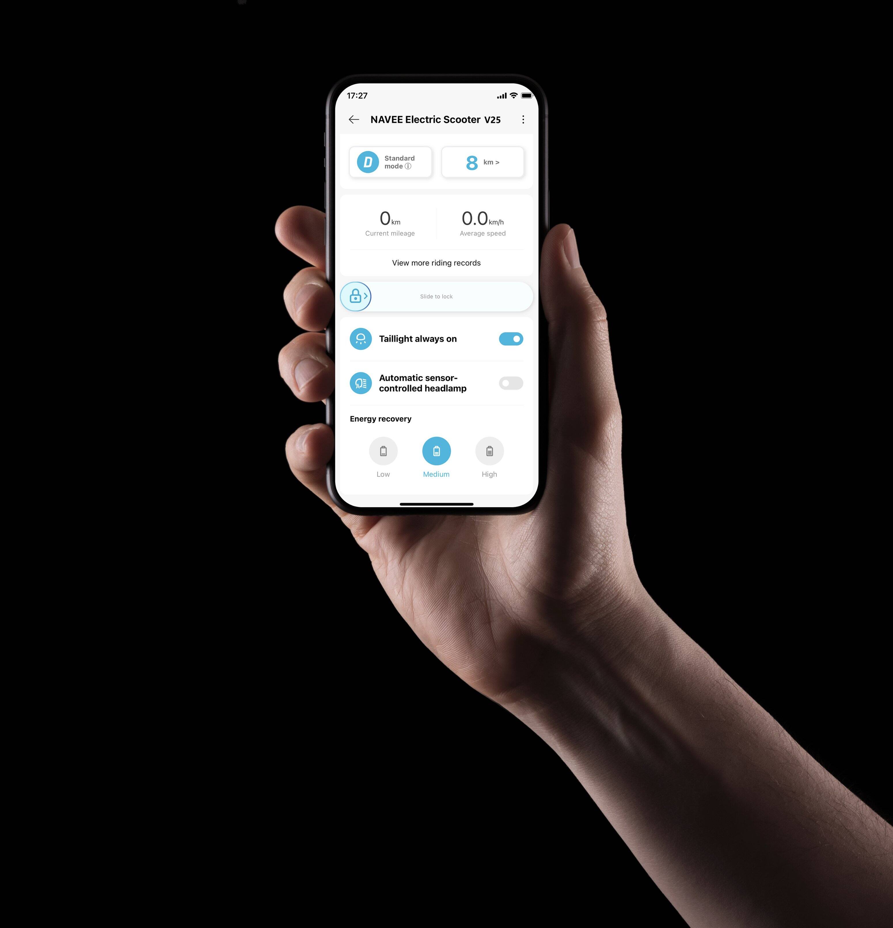 The text on the image reads: "17:27 NAVEE Electric Scooter V2s E I sandand -aced d 8 am . 0 - Curant mileage 0.0 Andh Average RS View more riding recorts - - i Taillight always Automatic sensar- OI controlled headlamp Energy recovery O CE Low Medium seigh."