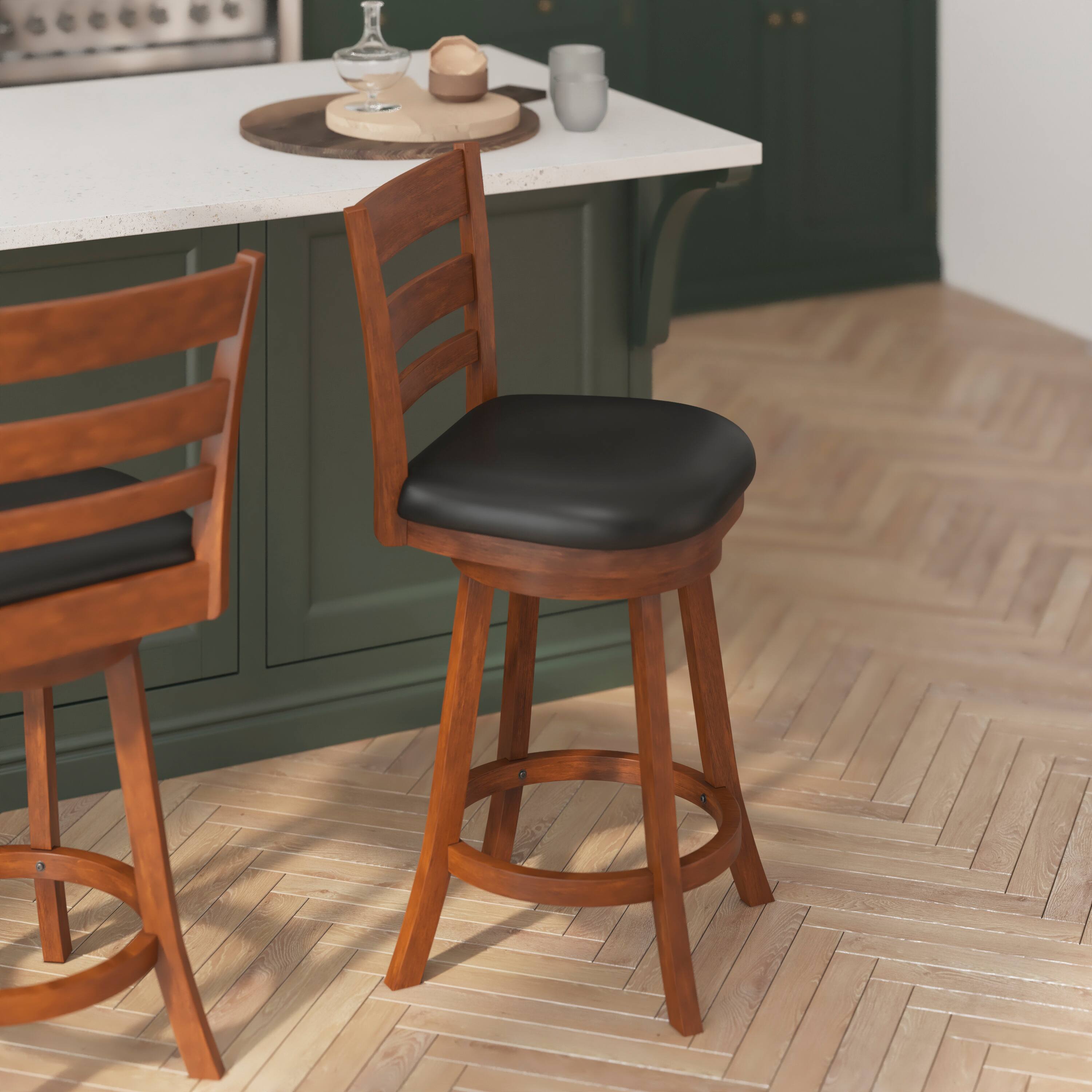 Alt View 2. Flash Furniture - Zerrick Commercial Grade Wood Classic Ladderback Swivel Counter Height Barstool with Padded Black LeatherSoft Seat, Anti - Brown.