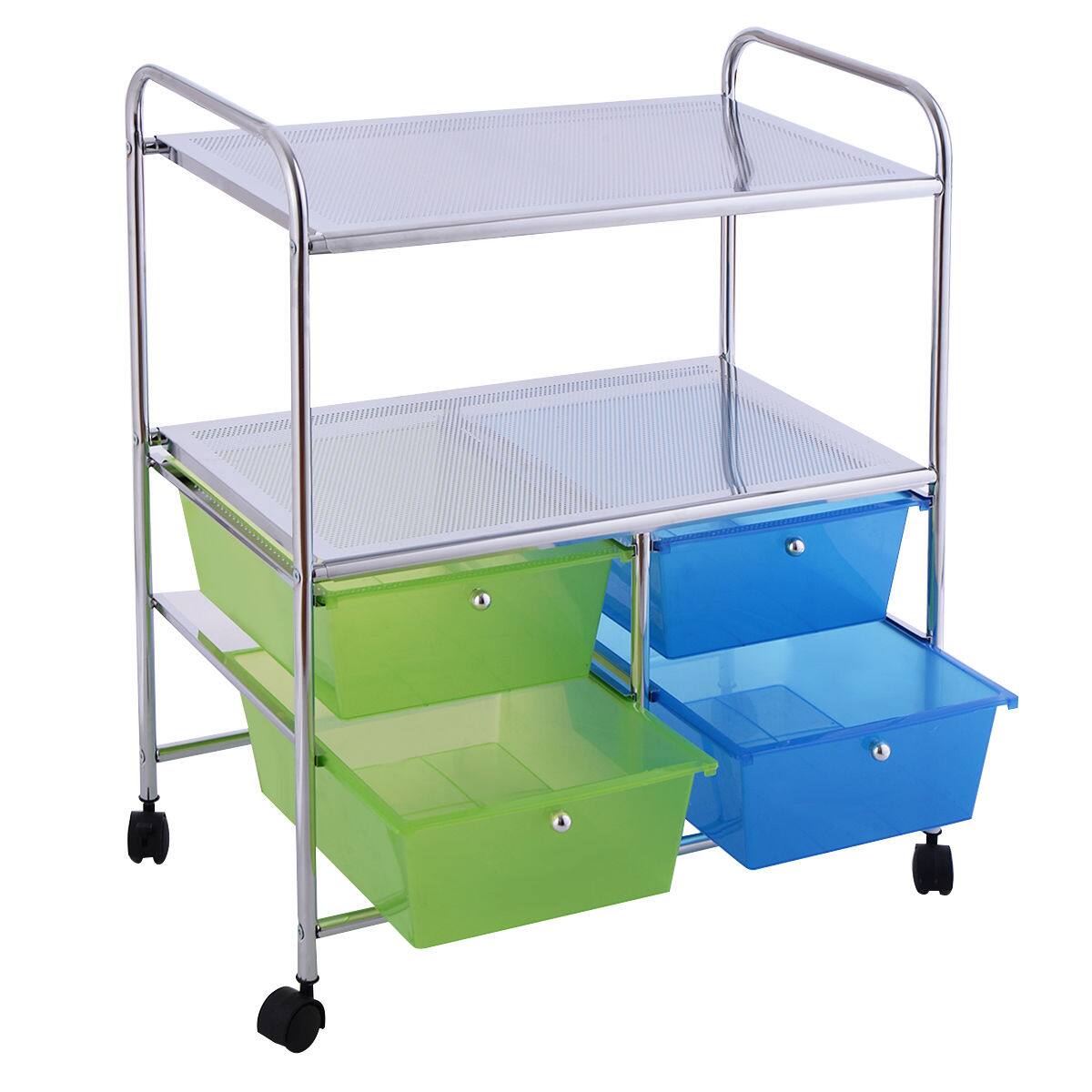 Alt View 2. Gymax - Gymax Rolling Storage Cart Metal Rack Shelf 4 Drawers Home Office Furniture - Green + Blue.