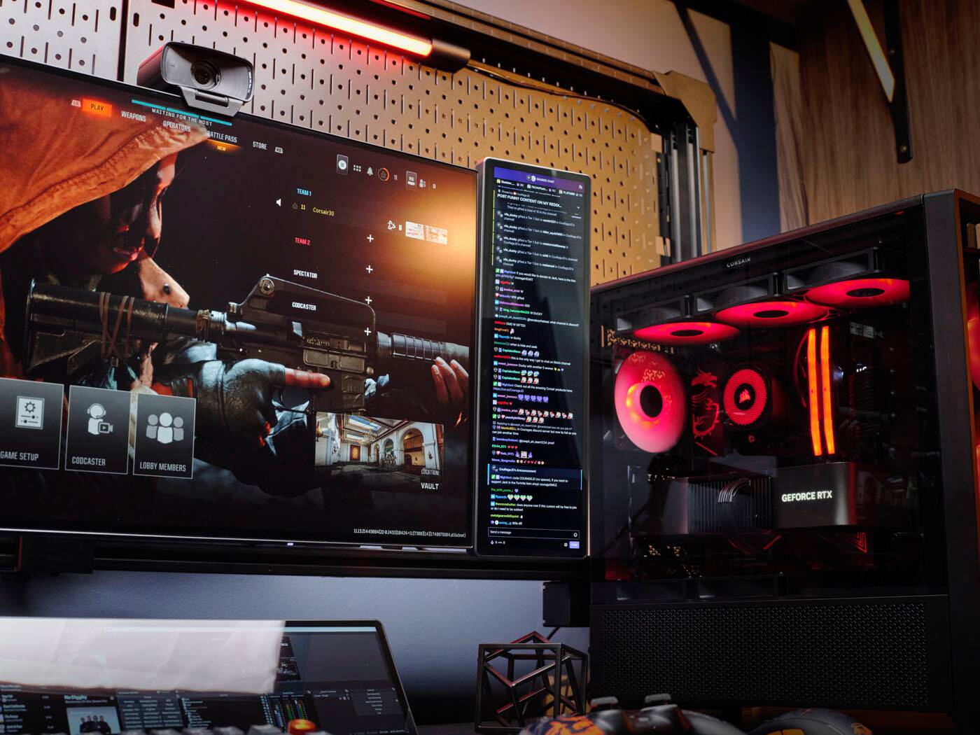 The text on the image reads: "PLAY WKAPONG MASTING FOR APERATORS W ATTL PAS PRSS STANG TAMT S CANSALS TAM SANTATIN + + 1 I  I CORLAIN GRASTN + + e GAME SETUP COOCASTER LOBBY MEMBERS VAULT GEFORCE RTX."