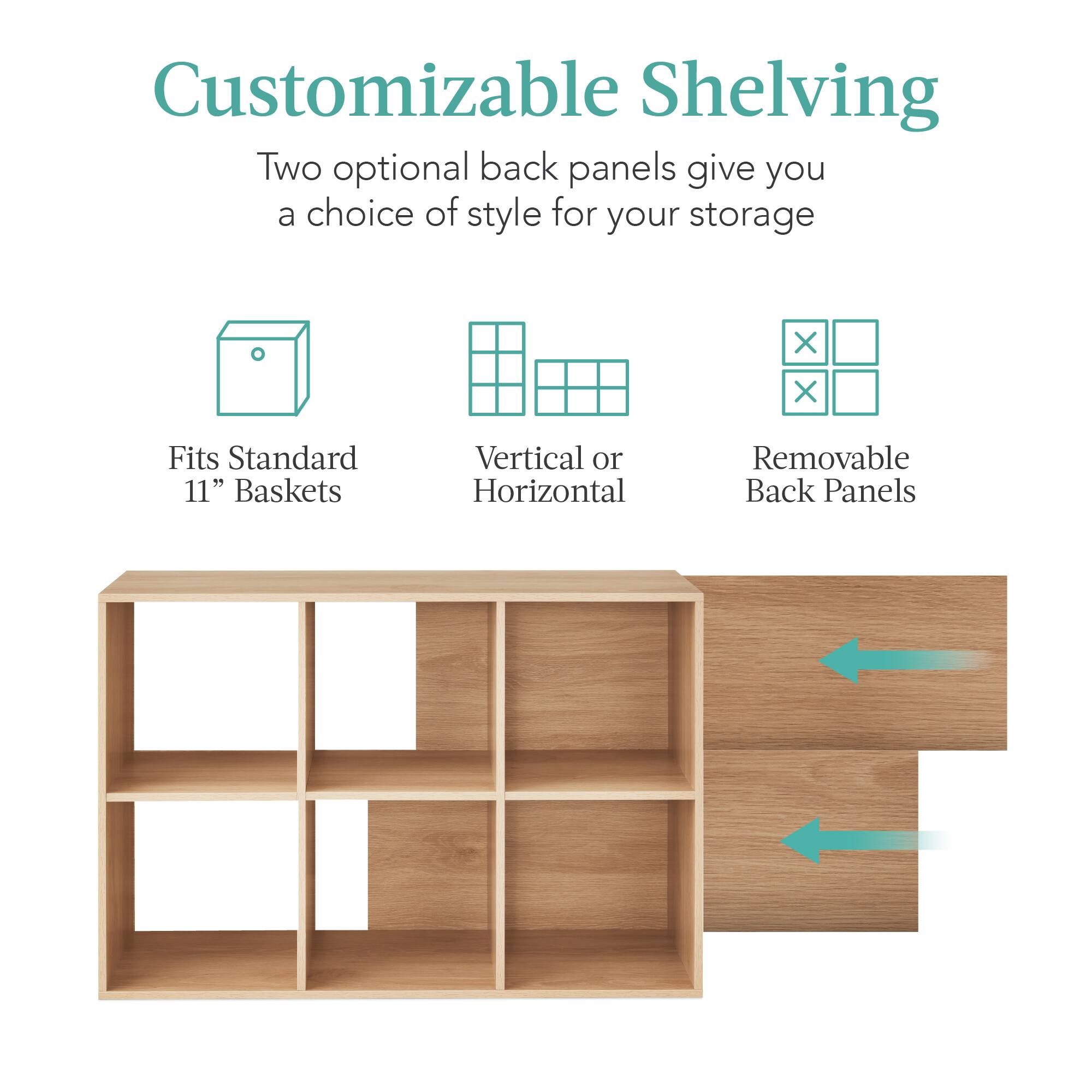 Customizable Shelving

Two optional back panels give you a choice of style for your storage.

- Fits Standard 11" Baskets
- Vertical or Horizontal
- Removable Back Panels