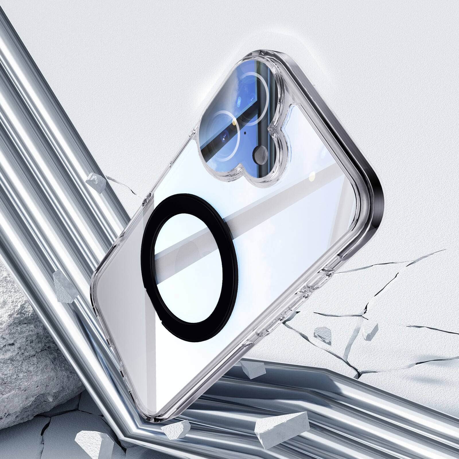 Back. Dteck - Magnetic Clear Phone Case for Apple iPhone 17 with Metal Rotating Kickstand,Shockproof PC+TPU Slim Transparent Cover - Black.