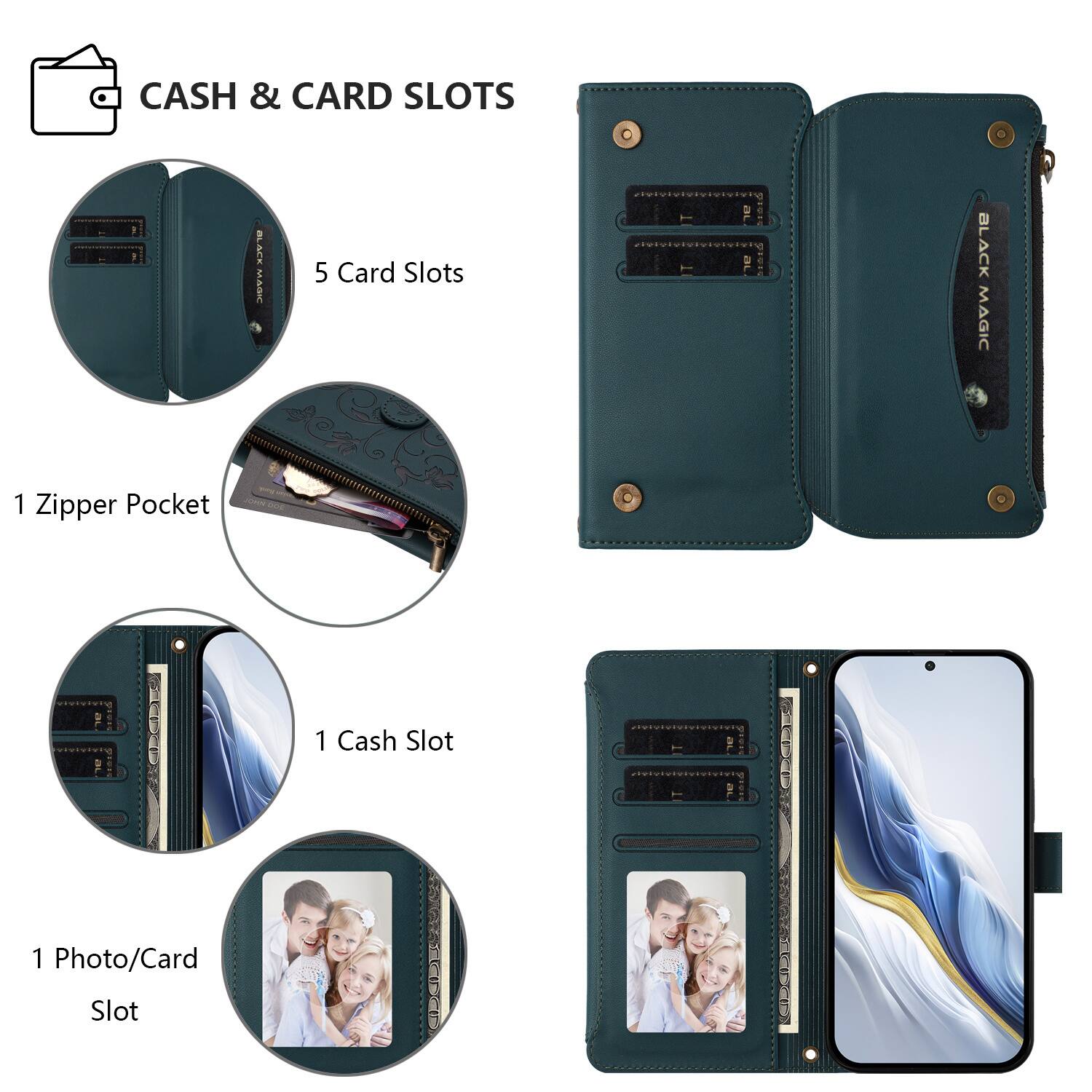 CASH & CARD SLOTS

- 5 Card Slots
- 1 Zipper Pocket
- 1 Cash Slot
- 1 Photo/Card Slot
