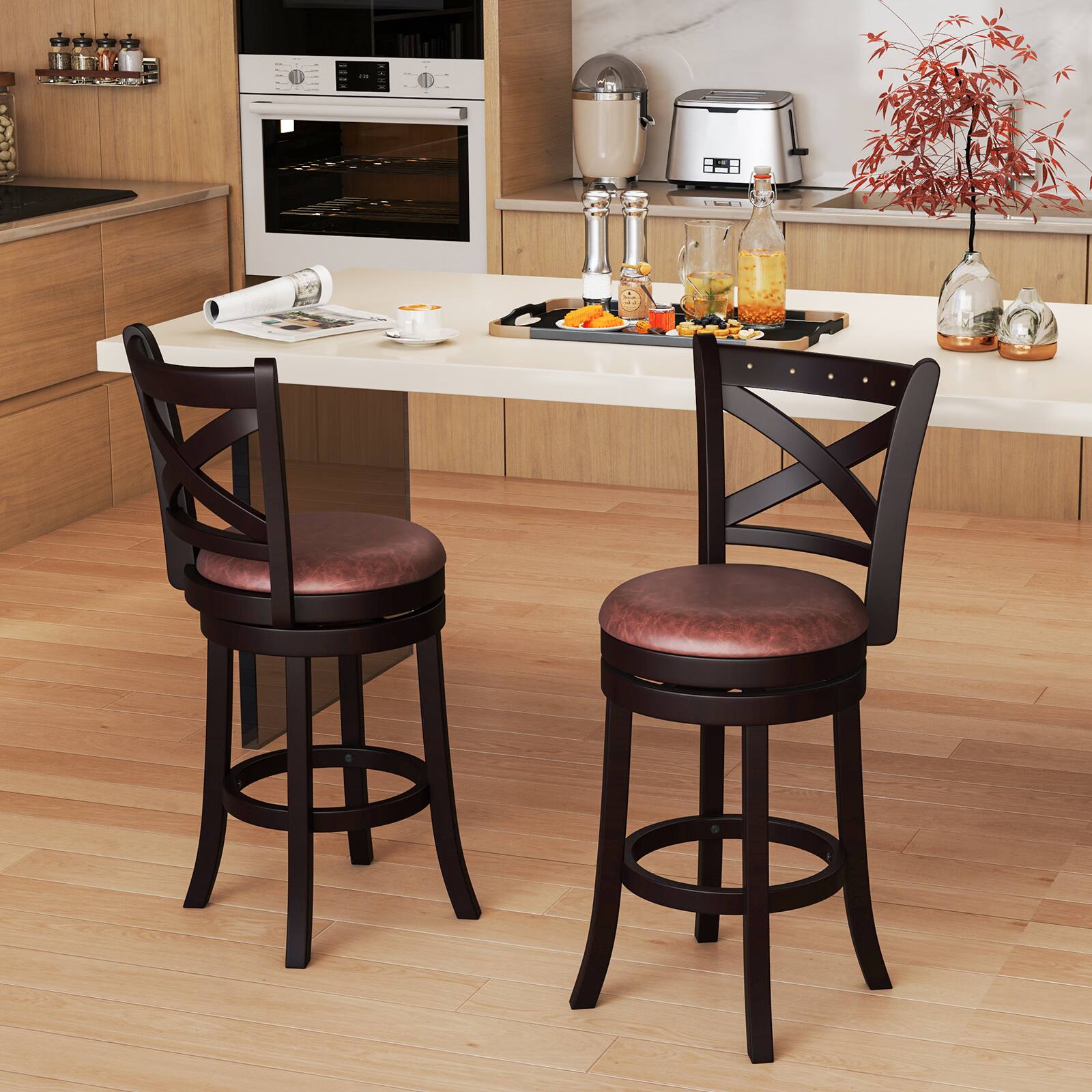 Alt View 3. Gymax - Gymax 26'' Swivel Bar Stools Set of 2 Footrest & Rubber Wood Frame for Kitchen Island - Coffee, Brown.