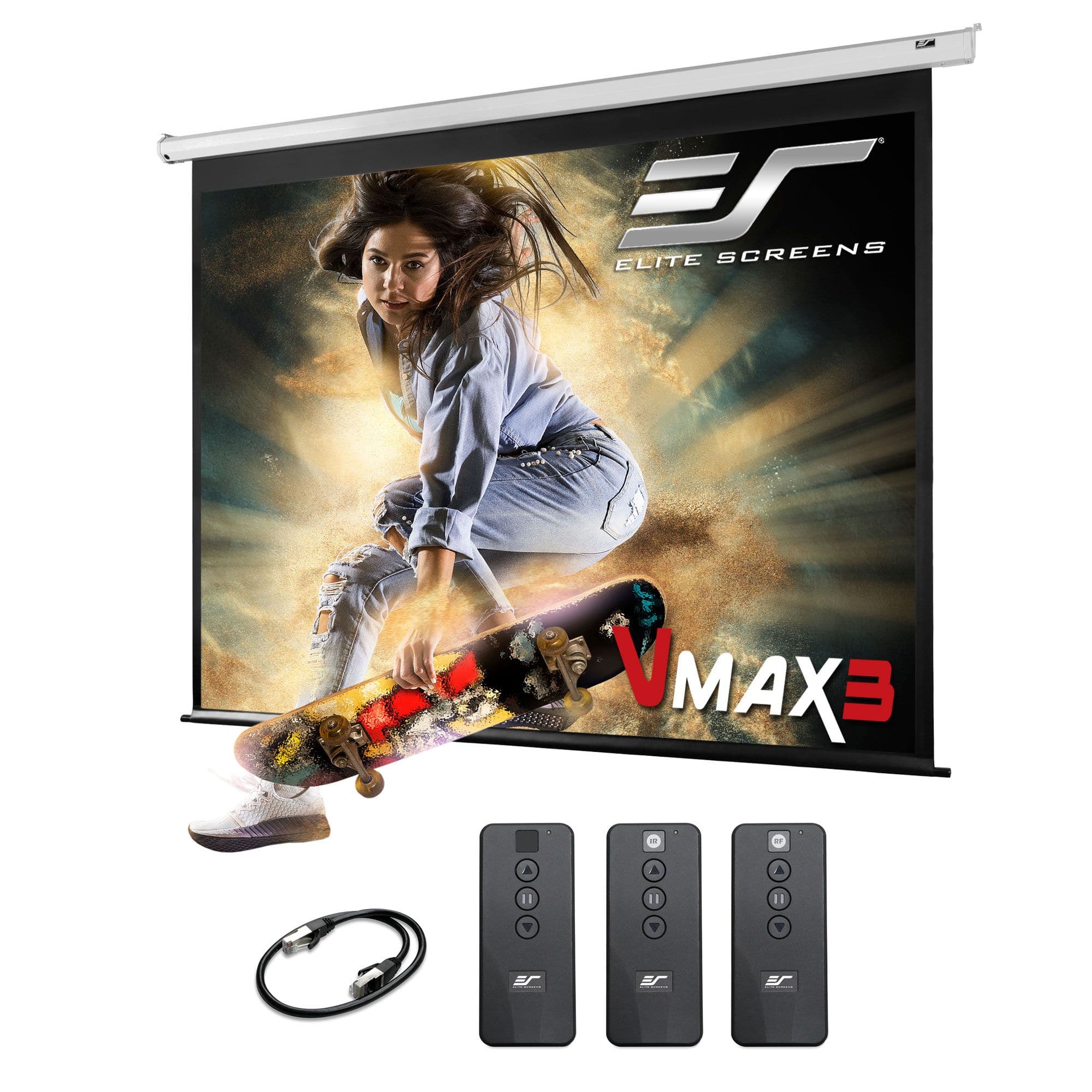 Elite Screens - VMAX3 Electric MatteWhite Wall/Ceiling Mounted Projector Screen,150"Diag,4:3,ProgrammableDrop,IR/RF Remotes,VMAX150XWV3 - White