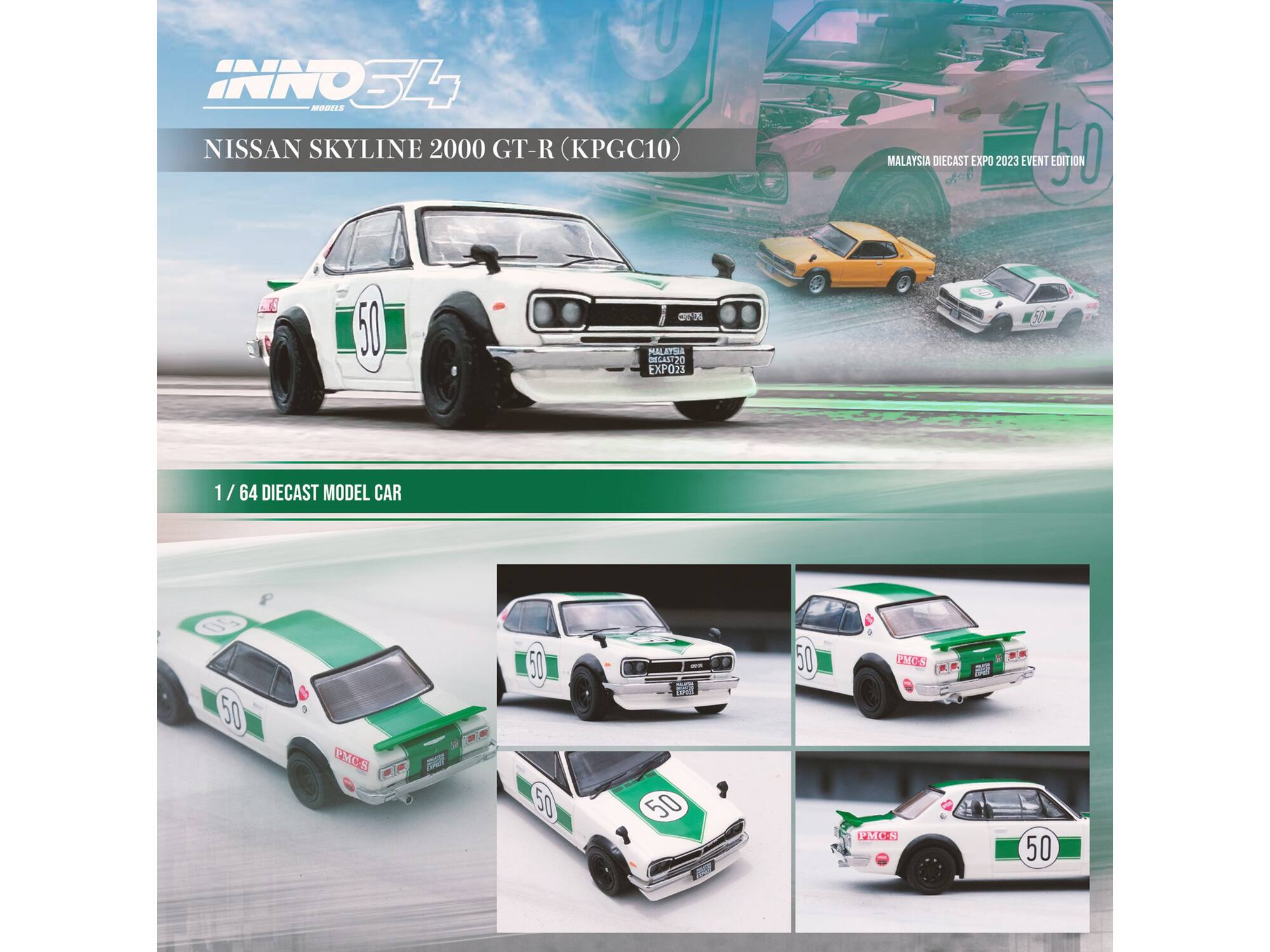INNO34  
NISSAN SKYLINE 2000 GT-R (KPGC10)  
MALAYSIA DIECAST EXPO 2023 EVENT EDITION  

1 / 64 DIECAST MODEL CAR  

50  
PMCS  
MALAYSIA EXPO23