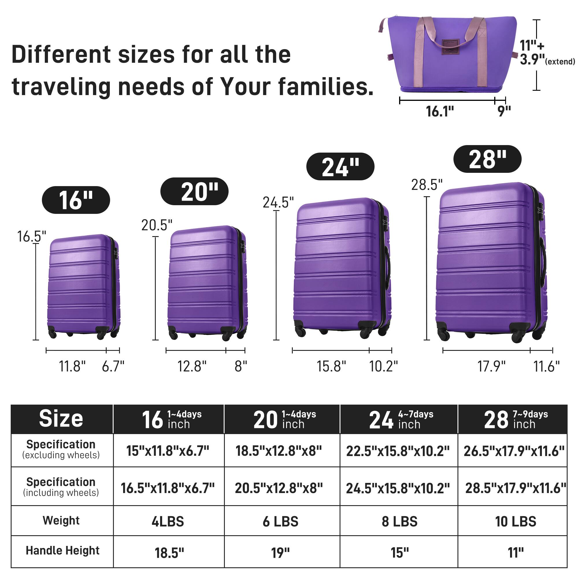 Different sizes for all the traveling needs of Your families.

16"  
16.1" T 11"+ 3.9" (extend) 9"  
16.5"  
11.8" 6.7"  
15"x11.8"x6.7"  
16.5"x11.8"x6.7"  
4 LBS  
18.5"  

20"  
20.5"  
12.8" 8"  
18.5"x12.8"x8"  
20.5"x12.8"x8"  
6 LBS  
19"  

24"  
24.5"  
15.8" 10.2"  
22.5"x15.8"x10.2"  
24.5"x15.8"x10.2"  
8 LBS  
15"  

28"  
28.5"  
17.9" 11.6"  
26.5"x17.9"x11.6"  
28.5"x17.9"x1