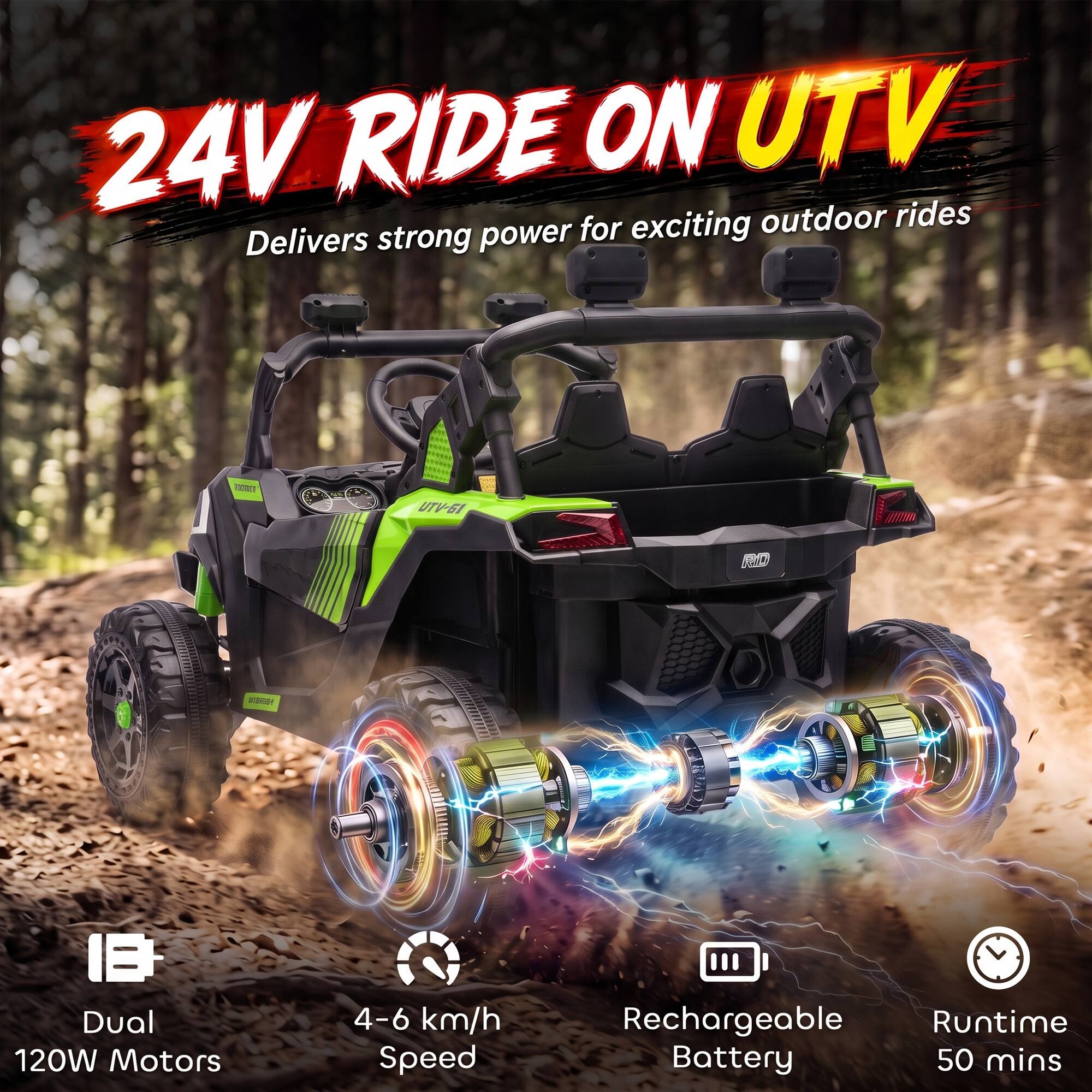 24V RIDE ON UTV for exciting outdoor rides Delivers strong power

RXFRIER
UTV-61
RD

18+ Dual 120W Motors
4-6 km/h Speed
Rechargeable Runtime Battery 50 mins