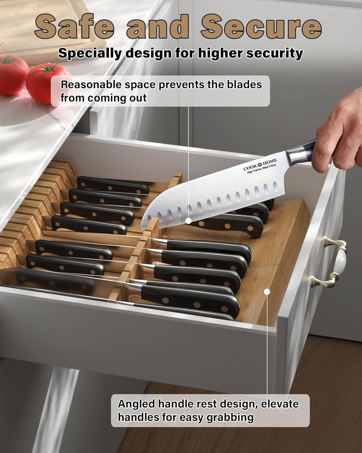 Safe and Secure  
Specially designed for higher security  
Reasonable space prevents the blades from coming out  

HOME - COOK - MIGHT  
Angled handle rest design, elevate handles for easy grabbing