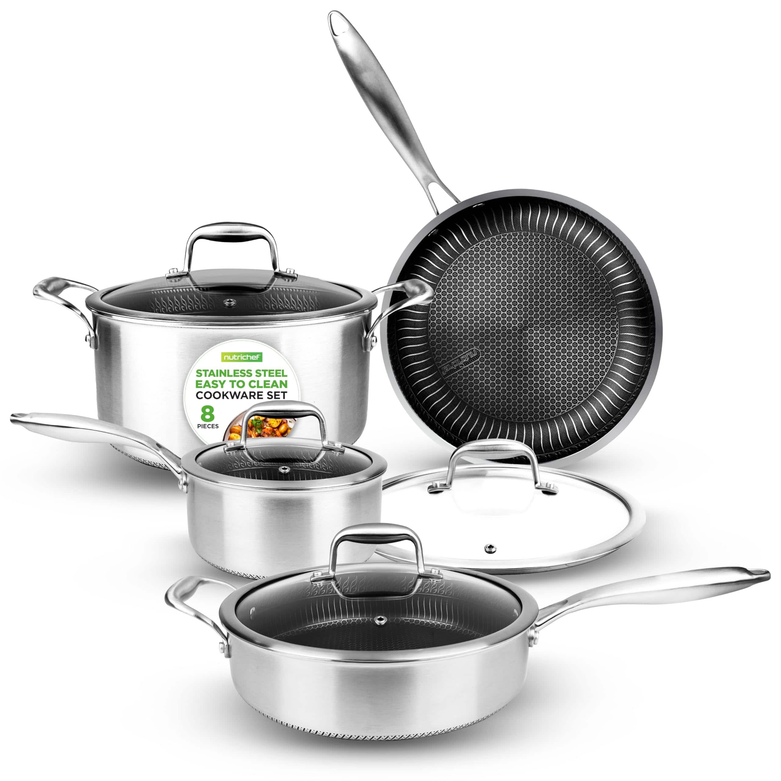 NutriChef - 8-Piece Triply Cookware Set, Non-Stick Coating, Pots & Pans with Lids (NC3PLY8Z) - Stainless Steel