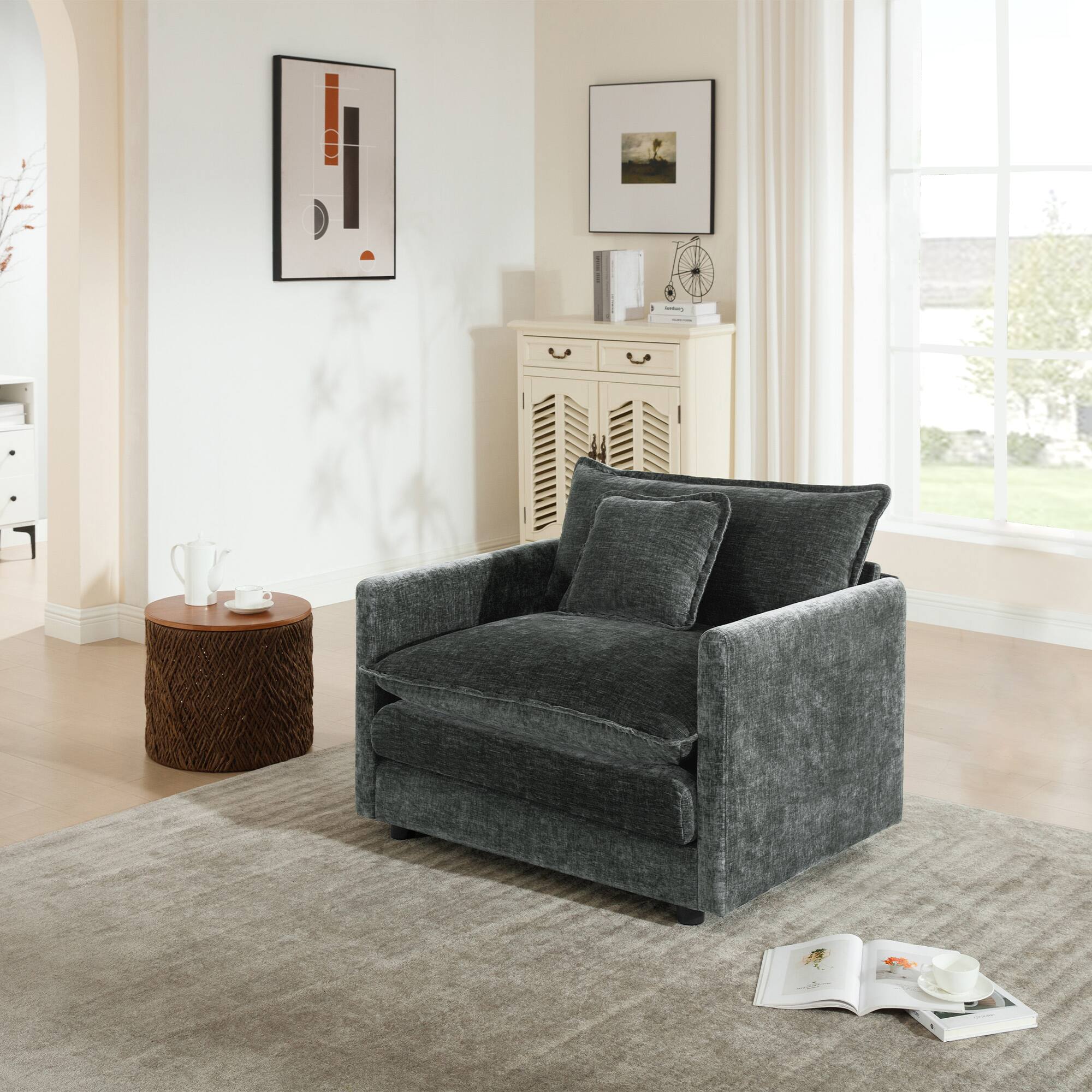 Angle. LOVMOR - Single Seat Chenille Accent Chair Easy Assembly For Living Room Bedroom Office Plush Cozy Lounge Indoor Family - Gray.