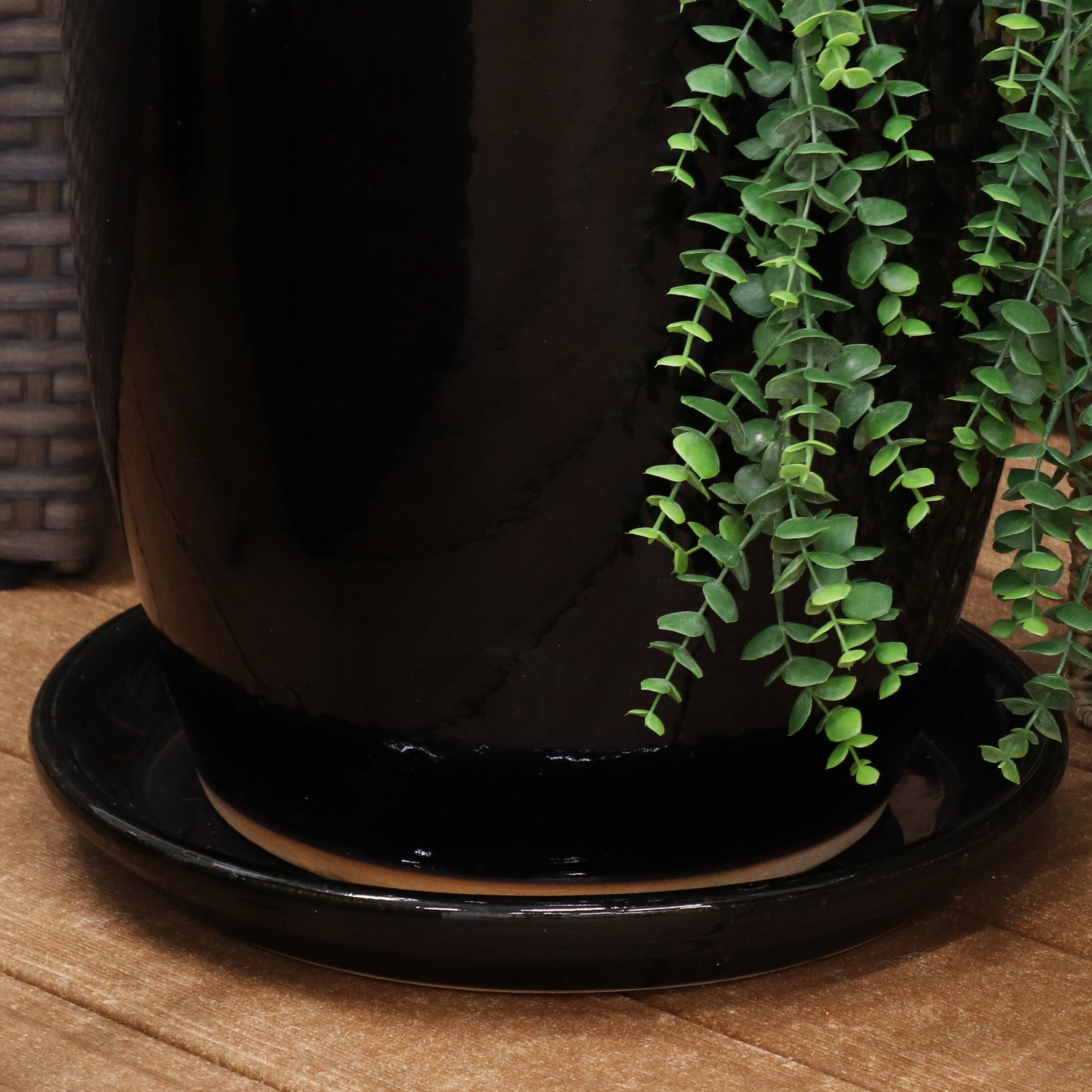 Alt View 5. Sunnydaze - Glazed Ceramic Planter Saucers - 12" - Set of 2 - Obsidian.