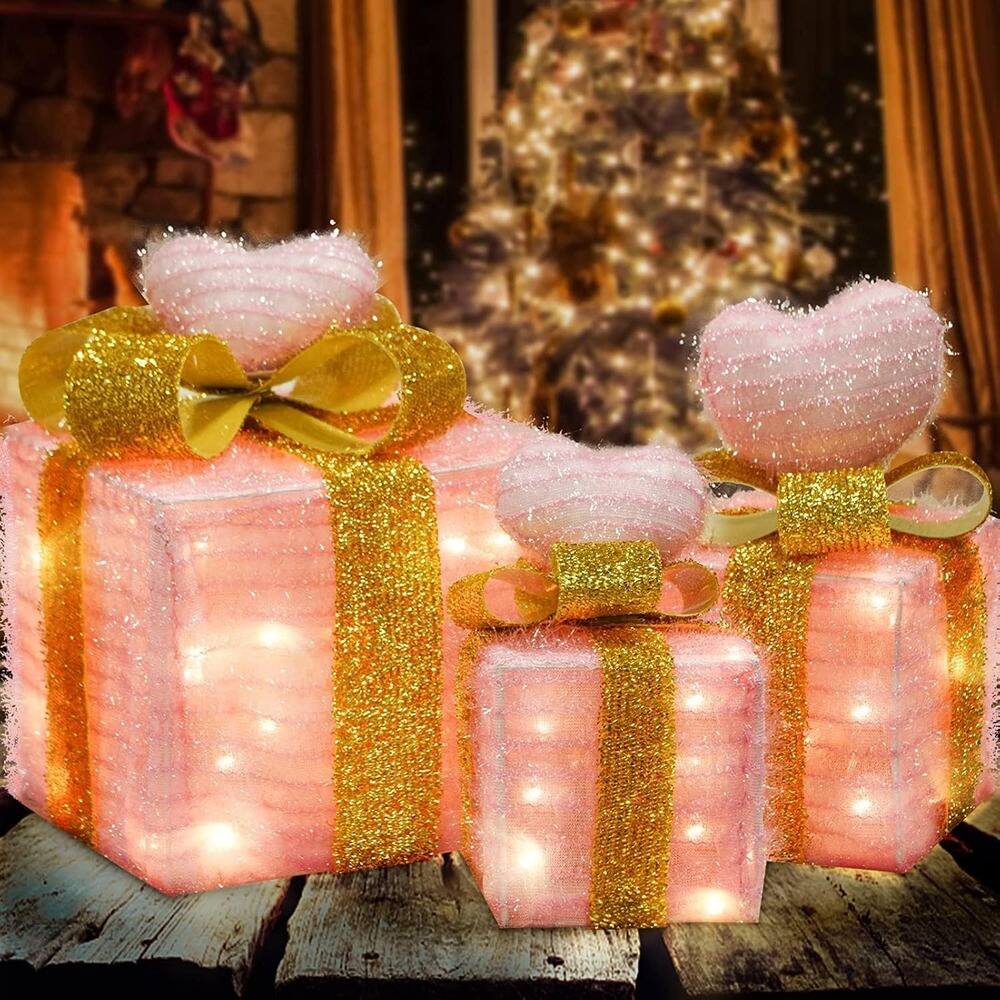 Front. Schertz - Set of 3 Lighted Gift Boxes, 60 LED, Battery Operated Christmas Decor - Pink.