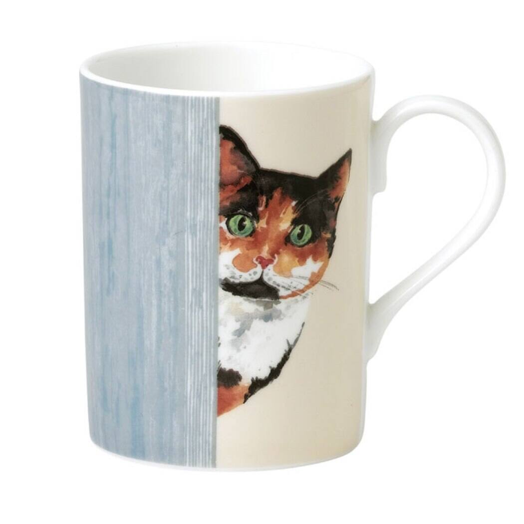 Angle. Jiallo - Roy Kirkham LUCY MUG-CAT THROUGH THE DOOR, Set of 6, Bone China Ceramic, Made in England - Mutli color.
