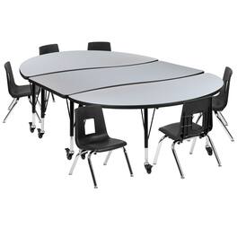Flash Furniture - Emmy Mobile 86" Oval Wave Flexible Laminate Activity Table Set with 12" Student Stack Chairs, Grey/Black - Gray