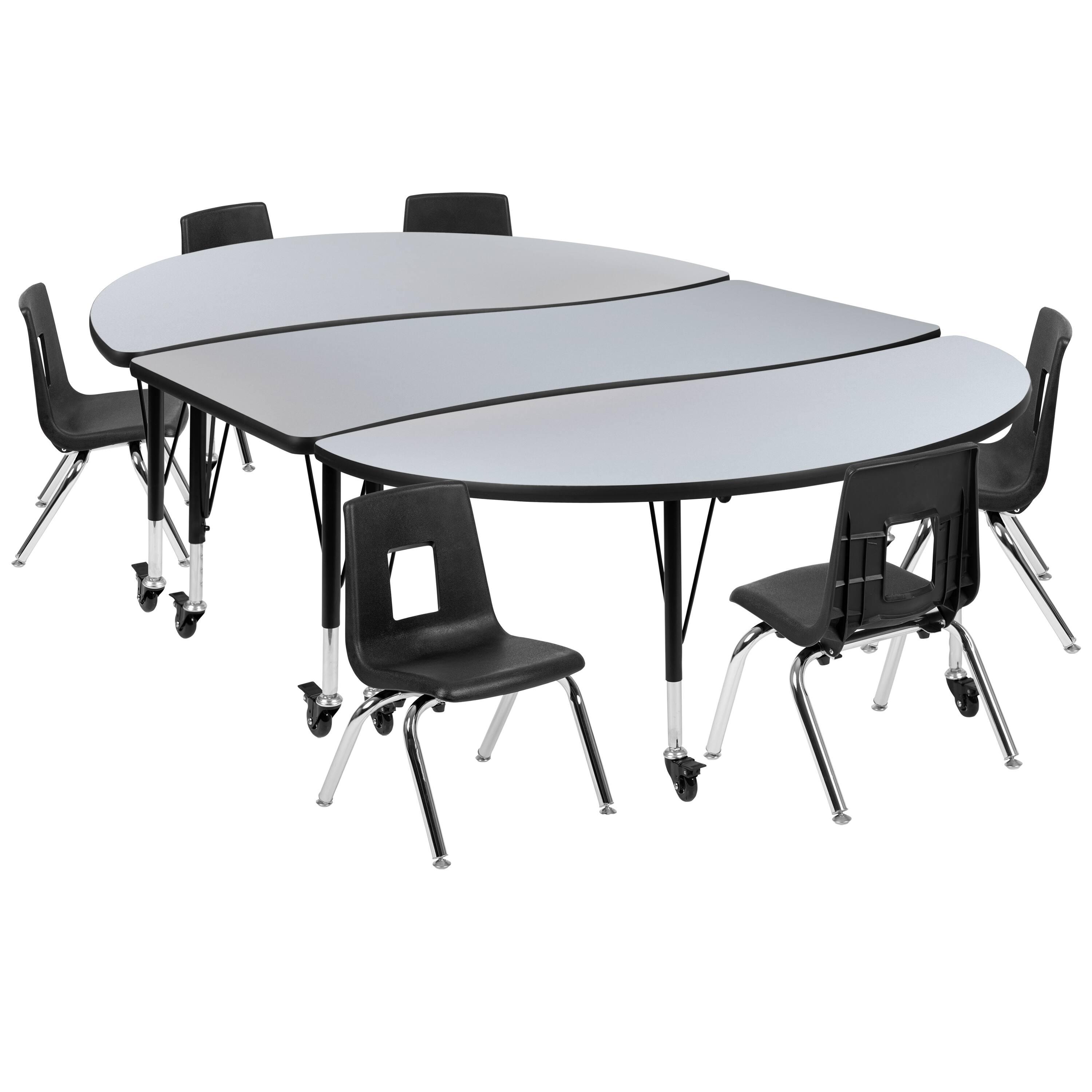 Alt View 1. Emma + Oliver - Mobile 86" Oval Wave Collaborative Laminate Activity Table Set with 12" Student Stack Chairs, Grey/Black - Grey.